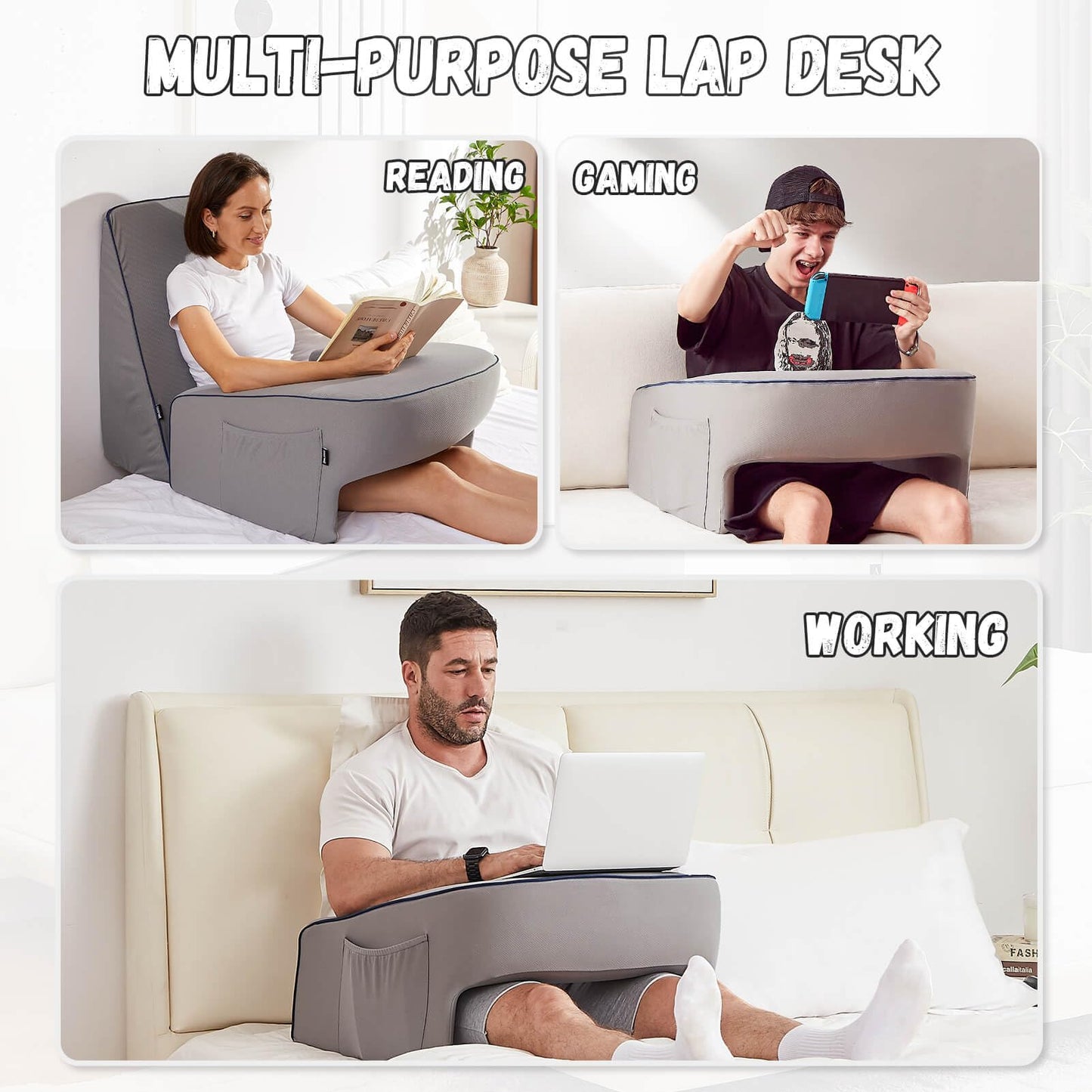 cooloo8 Reading Pillow for Gaming, Extra Large Laptop Pillow for Adult, Memory Foam Lap Desk Gaming Pillow for Reading, Working, Playing Steam Deck Switch or Sitting in Bed Floor Sofa(Grey)