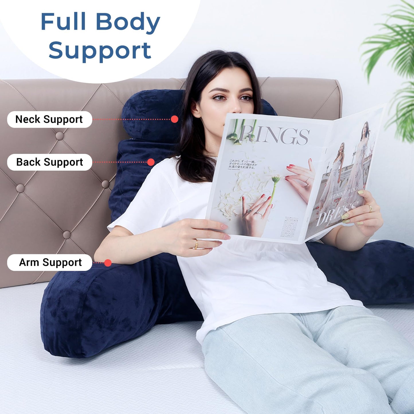 COOLBEBE Reading Pillow for Bed Backrest Pillow for Bed Sitting Up Adult with Arms Navy Back Support Pillow with Headrest & Pockets, Removable Washable Cover and Detachable Neck Roll(Extra Large 27")