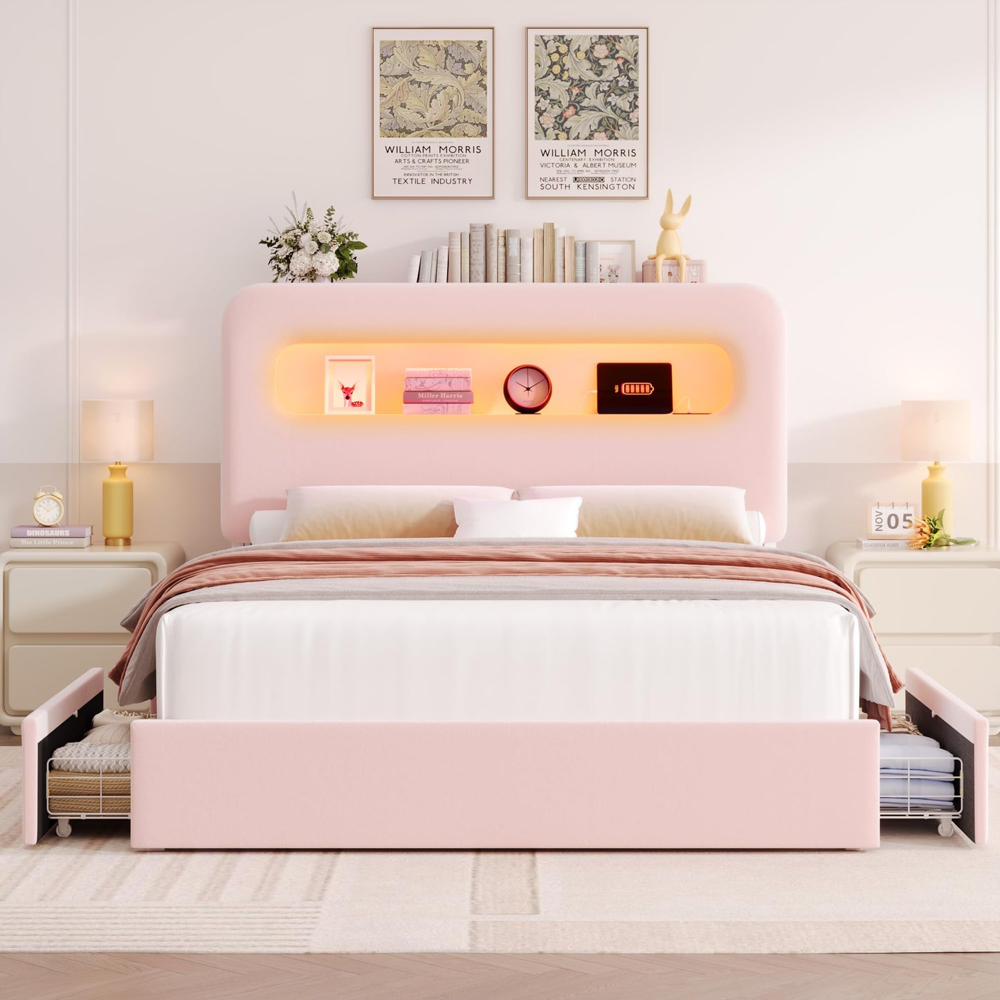 HOSTACK Full LED Bed Frame with Storage Headboard and Charging Station, Girls Bed Frame with 4 Drawers and USB Ports, Velvet Upholstered Platform Bed Frame with Bookcase, No Box Spring Needed, Pink