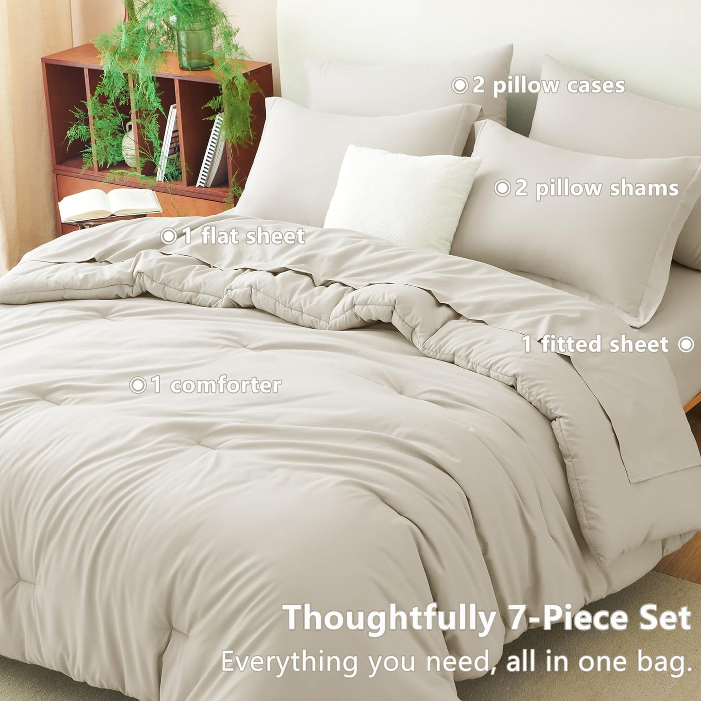 CozyLux Queen Comforter Set Beige, 7 Pieces Bed in a Bag Soft Bedding Comforter Set with Sheets, All Season Boho 7PC Bed Sets with Comforter, Fitted Sheets, Flat Sheets, Pillow Shams and Pillowcases
