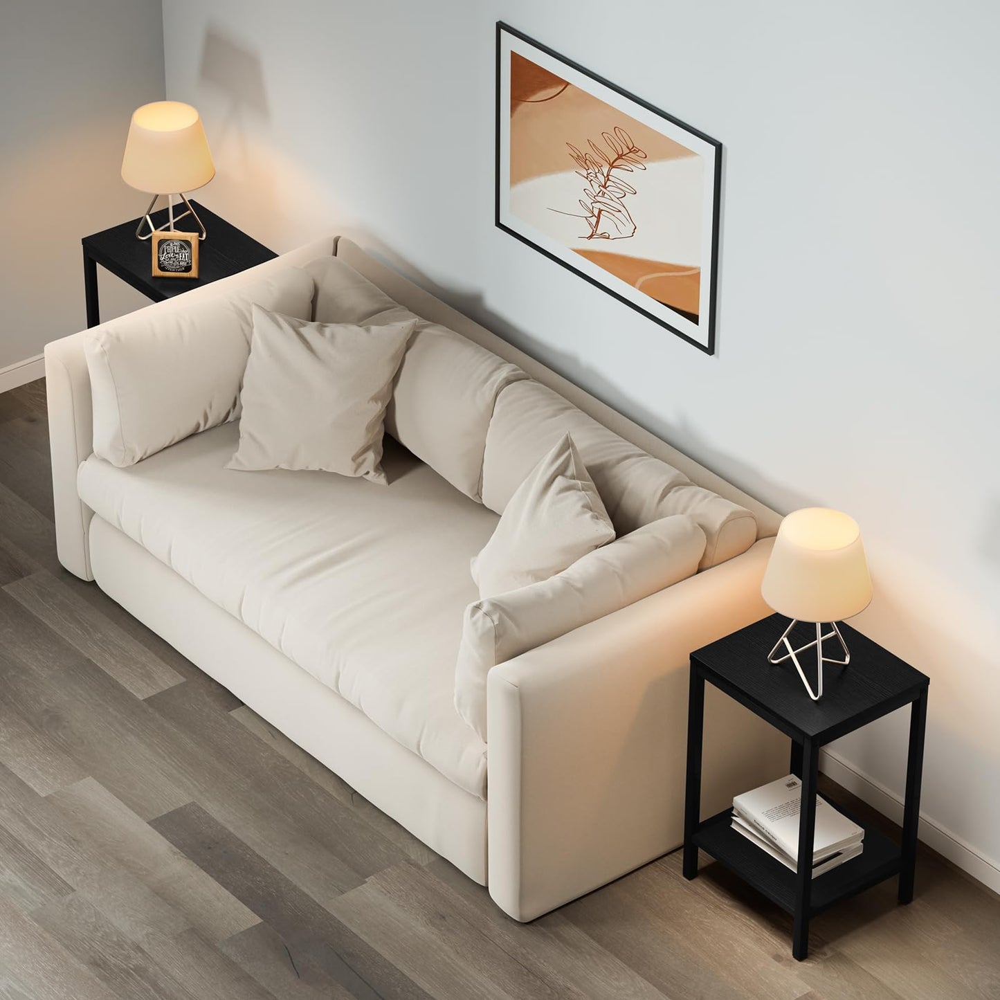 SAYGOER Black End Tables Small Side Table with Storage Wood Night Stand Metal Frames 2 Tier Bedside Table with Adjustable Feet, 1PCS, All Black