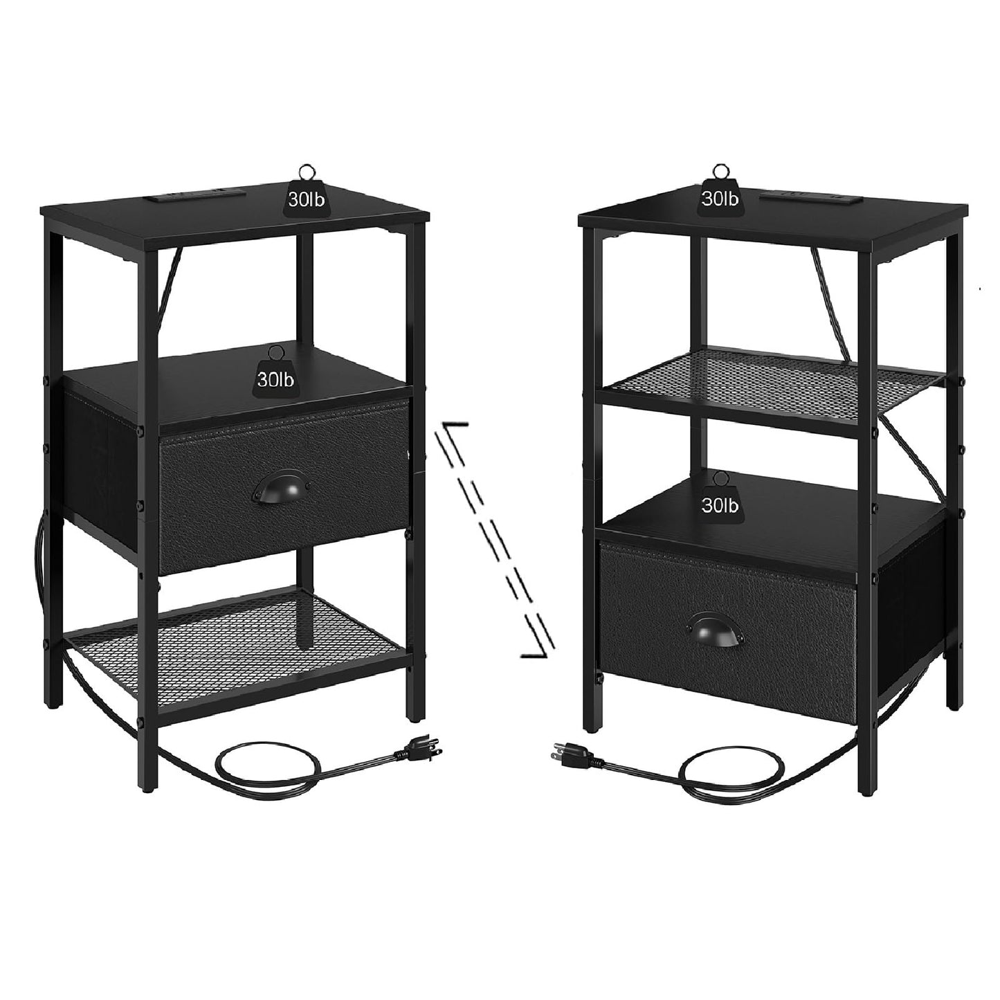 sthmec Nightstands Set of 2, Black Night Stands with Charging Station, Bedside Tables with Fabric Drawers PU Finish, 2-Tier Side Table with Open Shelf, Nightstands with Drawer,Black
