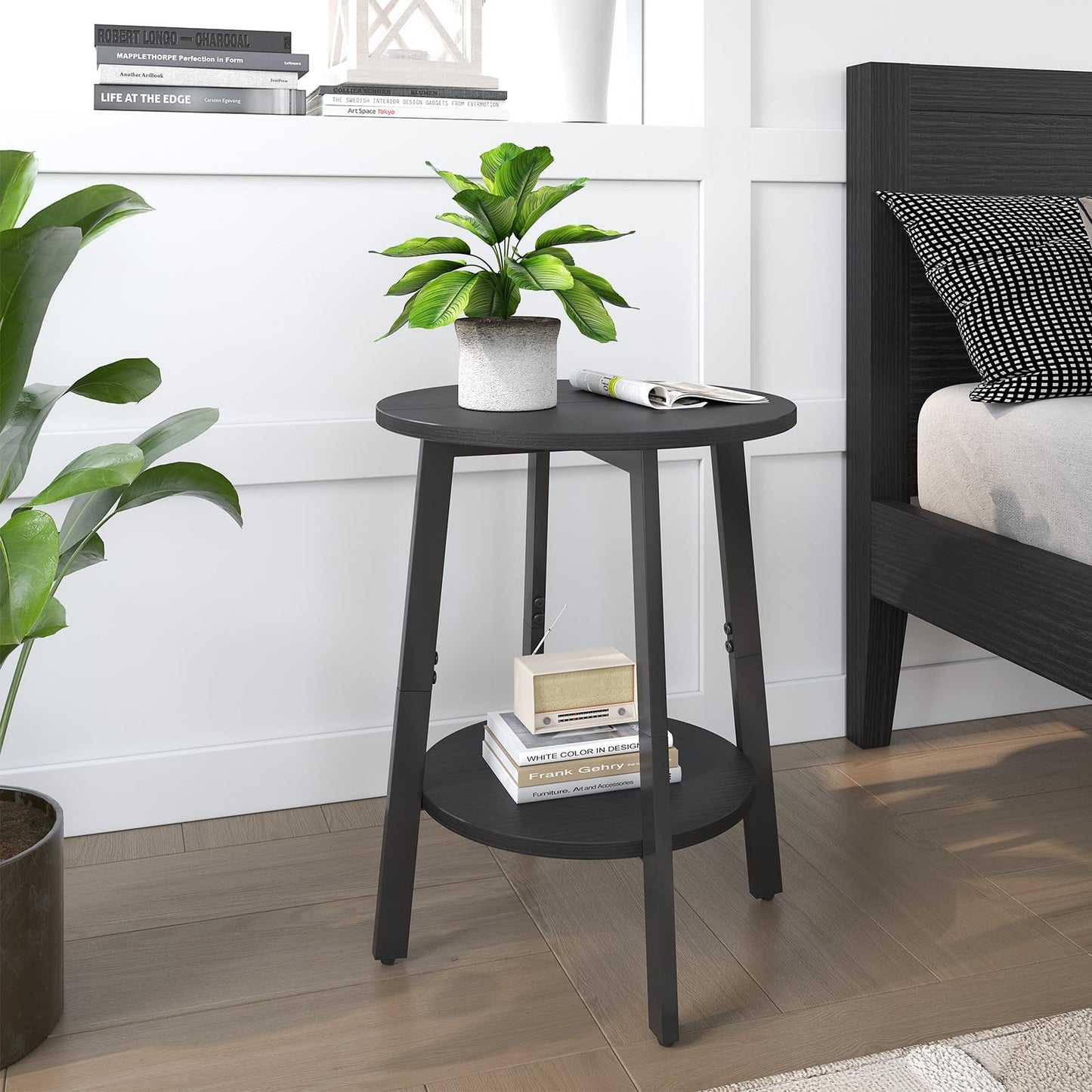 sthmec Side Table Set of 2, Small Round End Table with Storage Shelf for Small Space, 2-Tier Black Bedside Table Sofa Couch Table, Nighstands Set of 2 Accent Table for Living Room, Bedroom, Black