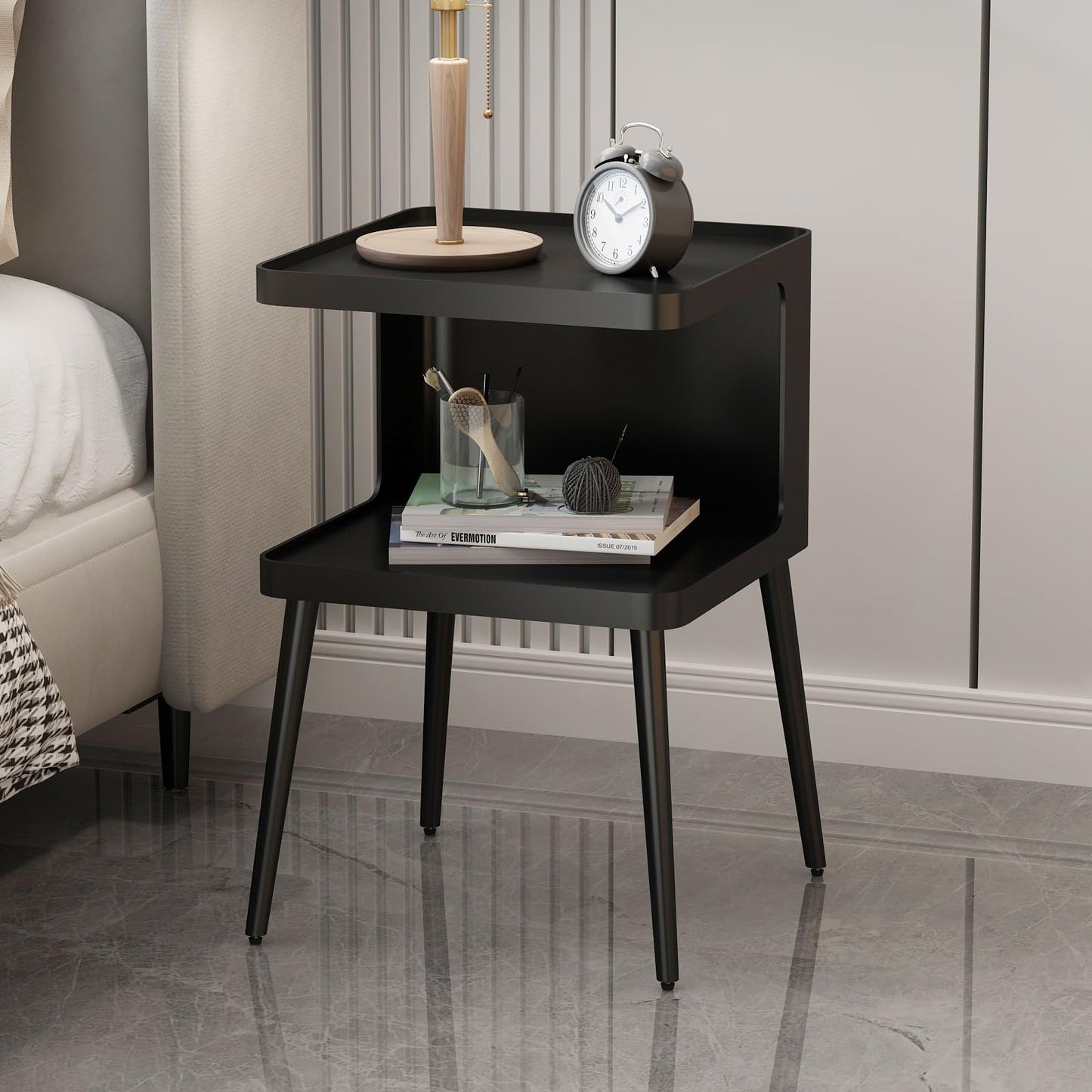 BAOGELIYA Black Modern Side Table, 2 Tier Small End Tables Bedroom, Metal Side Tables Living Room with 4 Legs, Black Nightstand Square Accent Table for Indoor Outdoor, Easy Assembly