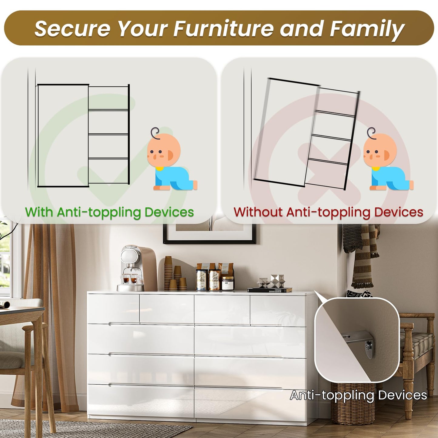 ZORPLIX 10 Drawer White Dresser for Bedroom, 55" Long Dresser Chest of Drawers,Large High Gloss Modern Storage Cabinet with Big Drawers Handle Free,Living Room, Entryway, Hallway