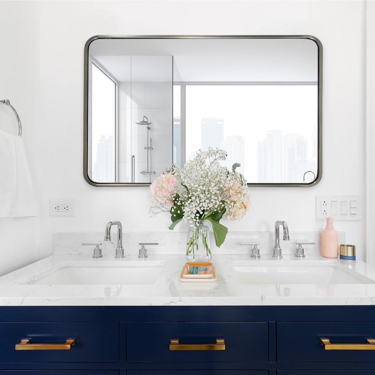 ANDY STAR 48”X30” Brushed Nickel Mirrors for Bathroom, Modern Rounded Rectangle Bathroom Vanity Mirror, SUS304-Anti-Rust Metal Frame Mirror, Wall Mounted Horizontal/Vertical 1’’ Deep