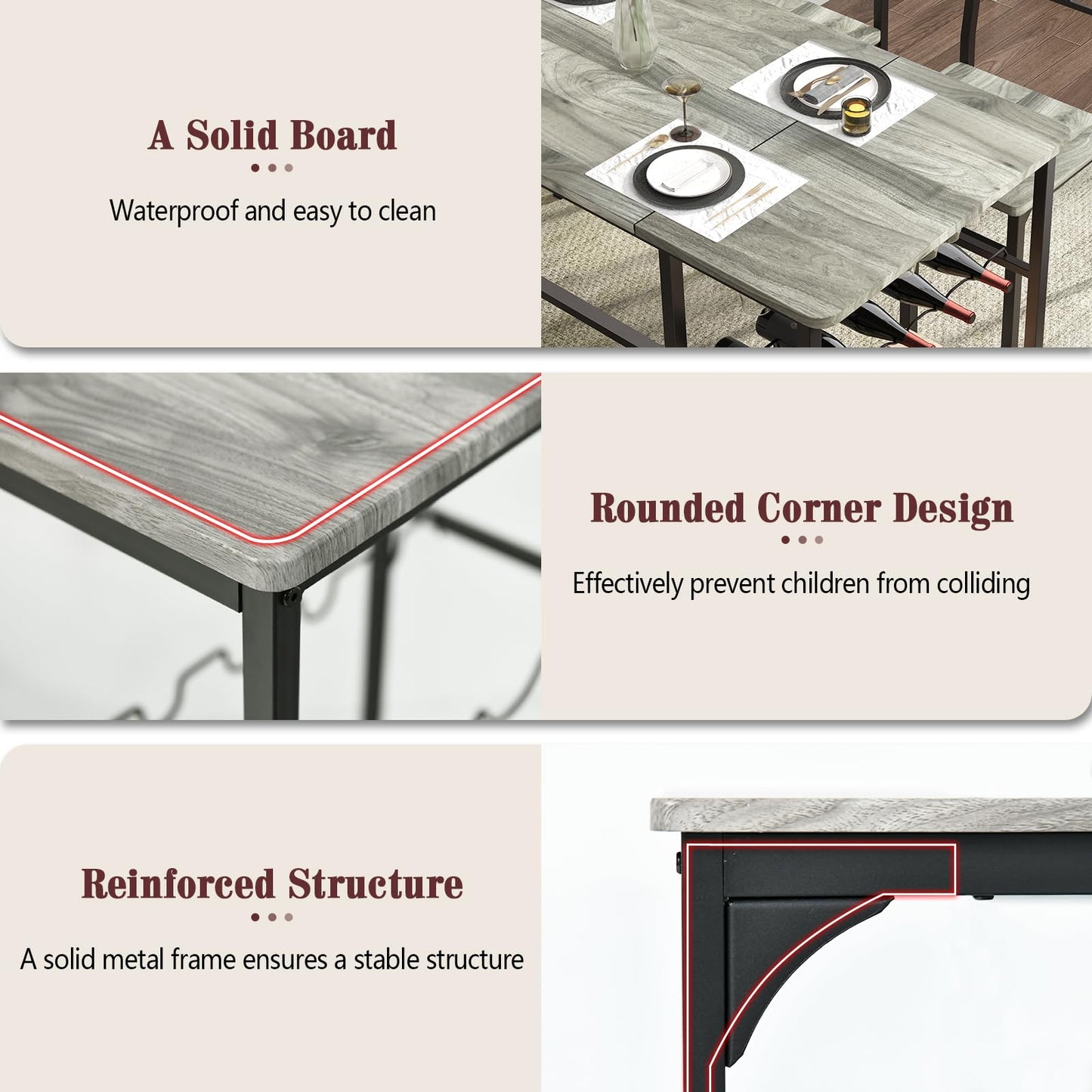 4 EVER WINNER Dining Room Table Set for 4, 55" Kitchen Table Set with Storage Shelf, Wine Rack & Wine Glasses Holder, Dining Table Set with 2 Chairs and Bench for Dining Room, Kitchen, Grey