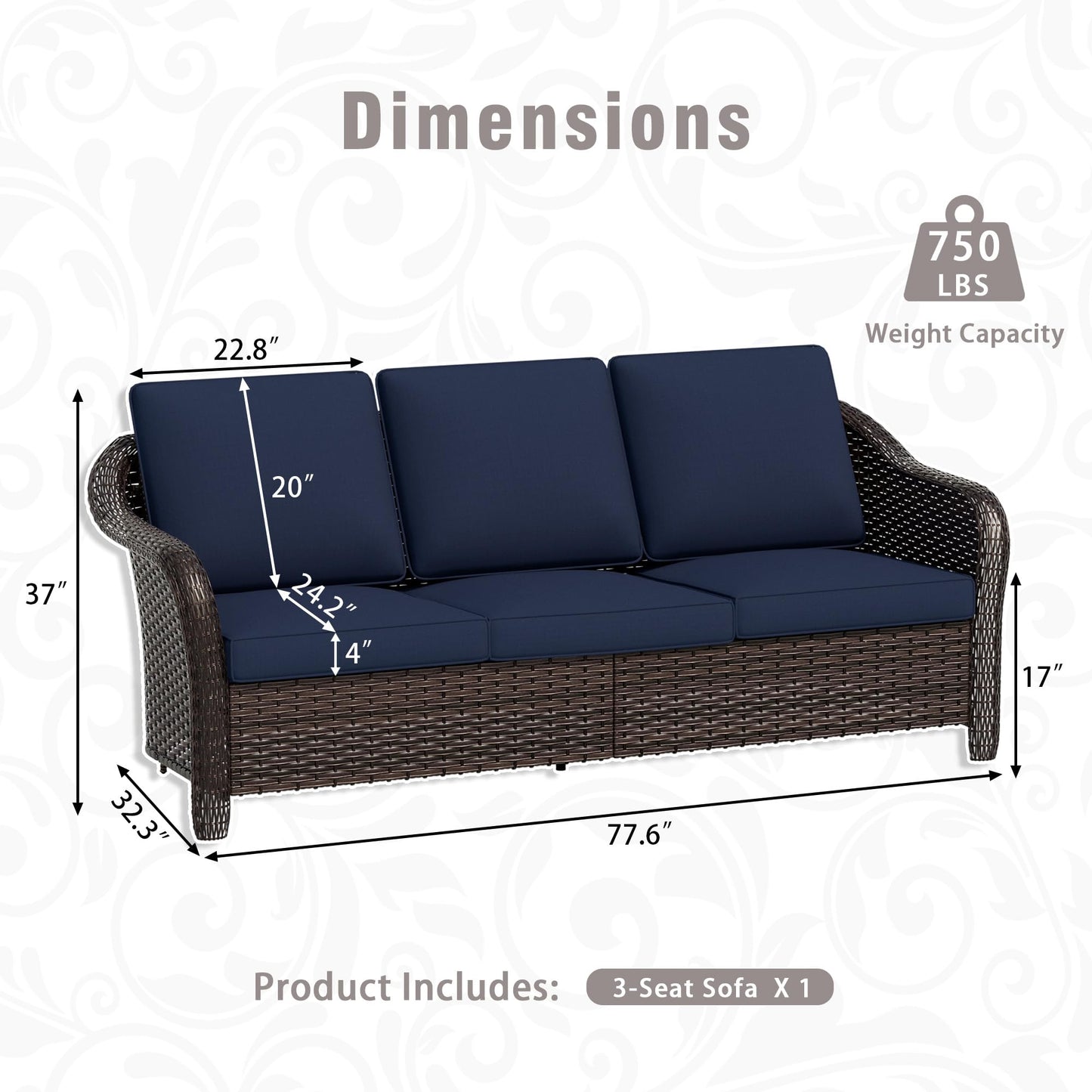 Qsoer 77 inch Outdoor Wicker 3 Seater Sofa, All-Weather Use Patio Rattan Sofa with Seat and Back Cushion, Ideal for Porch, Backyard, Balcony, Poolside, Blue