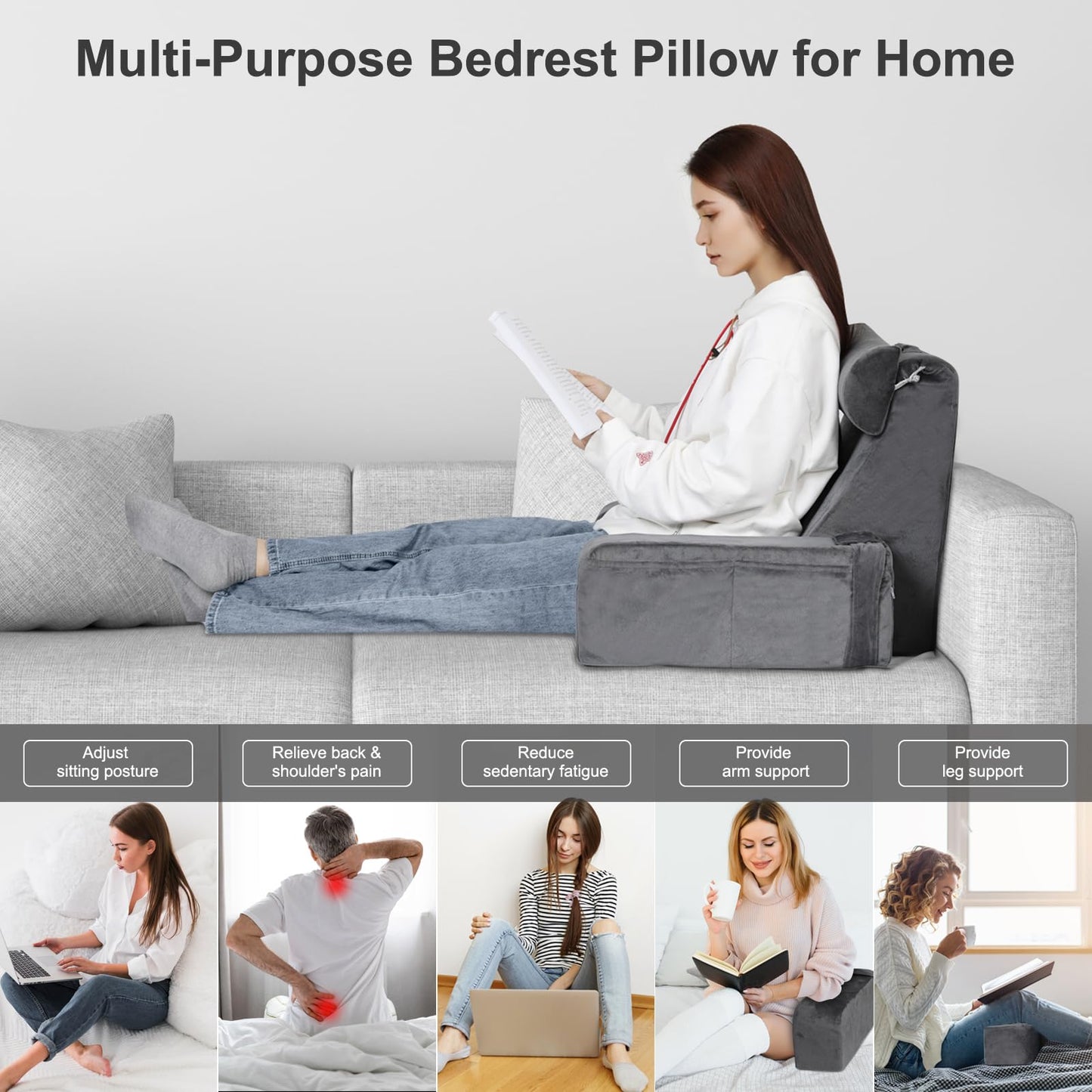 Reading Pillow for Sitting in Bed - Back Pillow for Sitting Up - Back Support Pillow with Detachable Neck Roll & Arms - Full Support - Reading & Bed Rest Pillows for Watching TV/Reading/Gaming