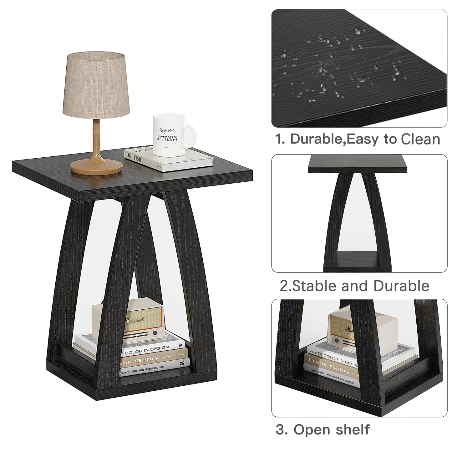 FROMJBEST End Tables Living Room, Side Table Beside Sofa, Nightstand for Bedroom, Couch Side Table with Shelf, Modern End Table for Living Room, Black End Table