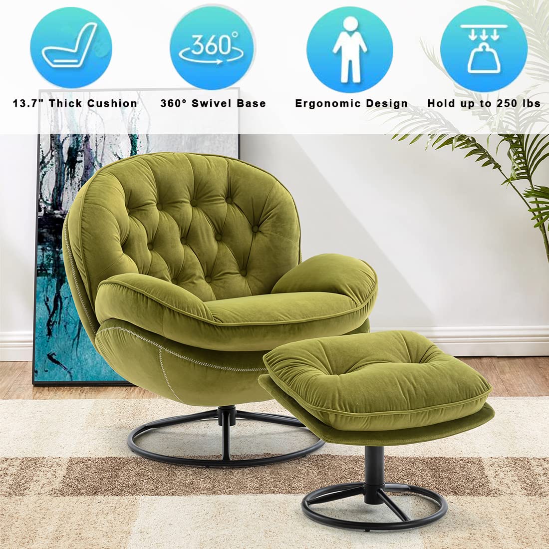 Baysitone Velvet Swivel Accent Chair with Ottoman Set, Modern Lounge Chair with Footrest, Comfy Armchair with 360 Degree Swiveling for Living Room, Bedroom, Reading Room, Home Office (Fruit Green)