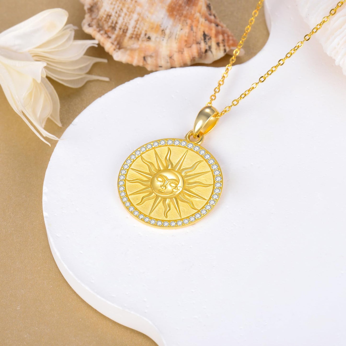KQF Sun Coin Necklace for Women 925 Sterling Silver Sun and Moon Gold Coin Pendant Celestial Jewelry Gift (sun and moon)
