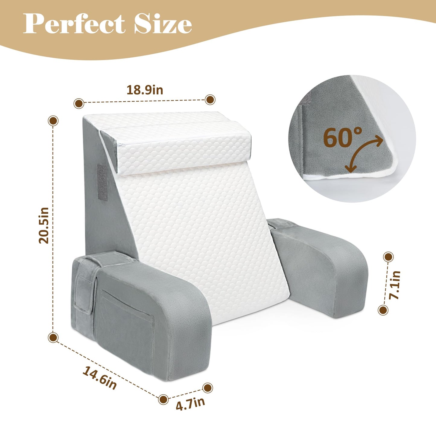 Reading Pillow for Sitting in Bed Adult, Back Pillow for Bed Sitting up, Reading & Bed Rest Pillows for Watching (White/Gray)