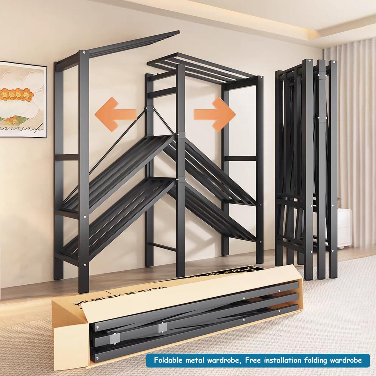 Heavy Duty Covered Clothes Rack with Magnetic Door 1500LBS Foldable Portable Wardrobe Closet for Hanging Clothing Rolling Black Metal Garment Rack on Wheels Closet System (Brown doors, 49.2in)