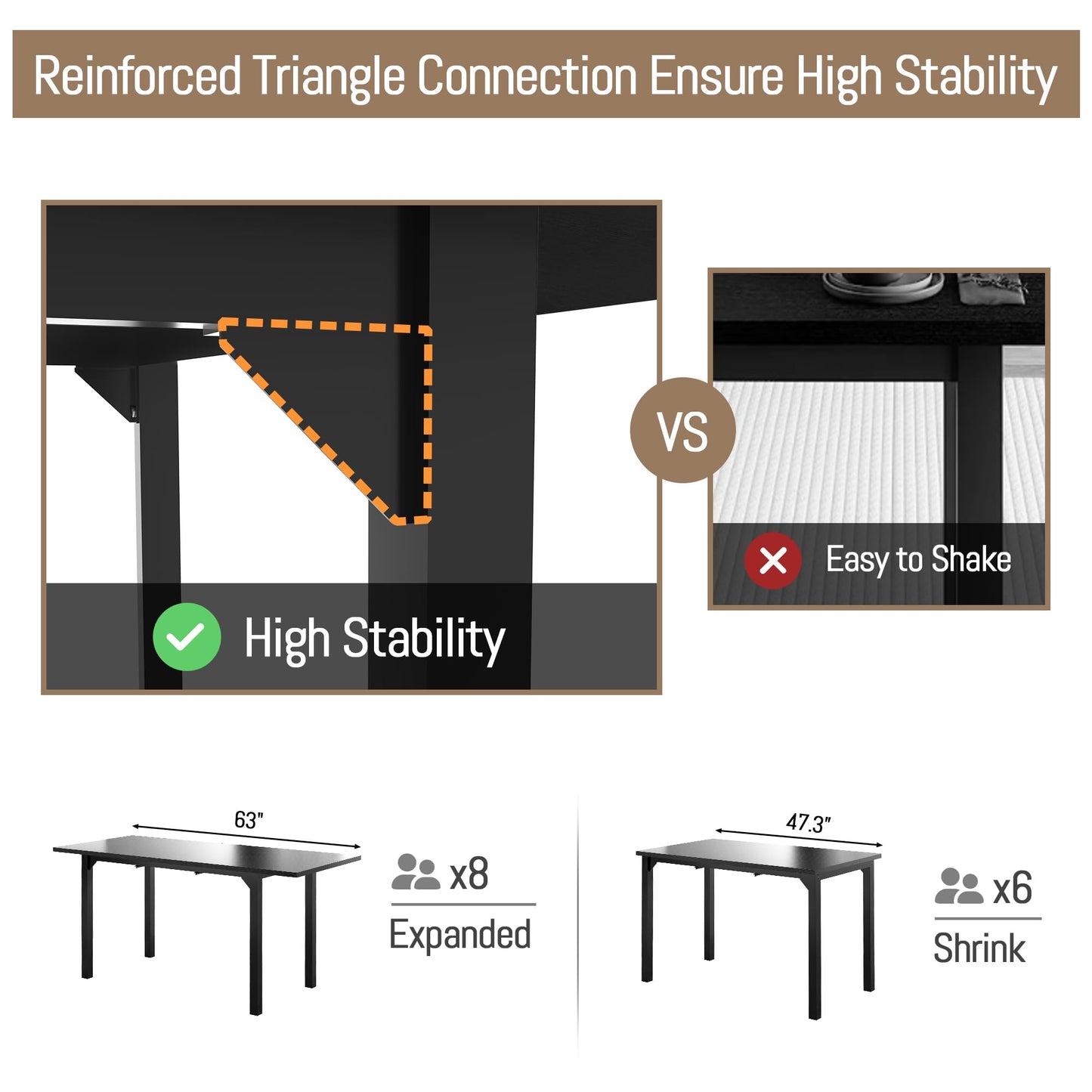 TOLEAD 63 Inch Dining Table Set for 4-8, 3-Piece Extendable Kitchen Table Set with 2 Benches, Metal Frame & Wood Board, Space-Saving Breakfast Dining Room Table Set for Home Kitchen, Black