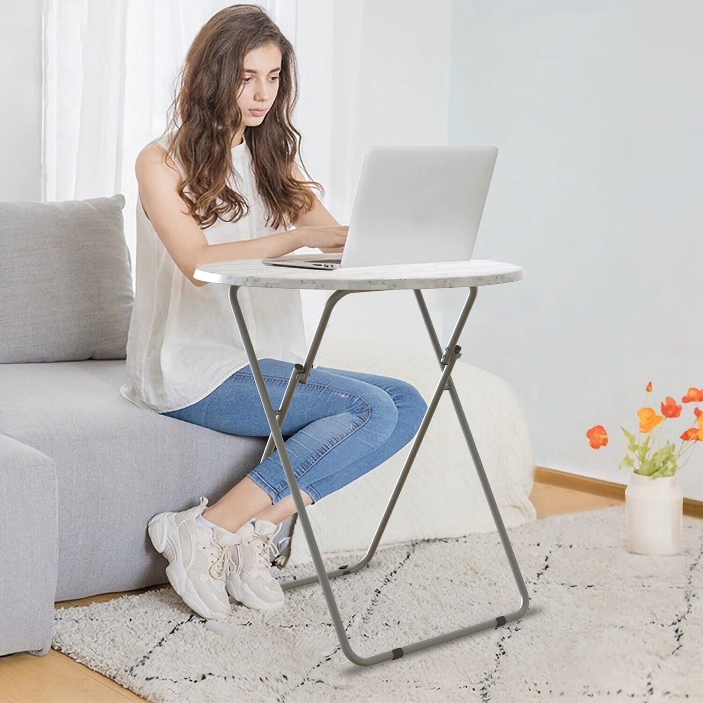 Fleecy day TV Tray Table, Round Folding Table, Foldable Snack Tray for Eating, Small Folding Table Set of 2, Dinner Table for Couch, Living Room, Small Space (White Marble, 2Pcs)
