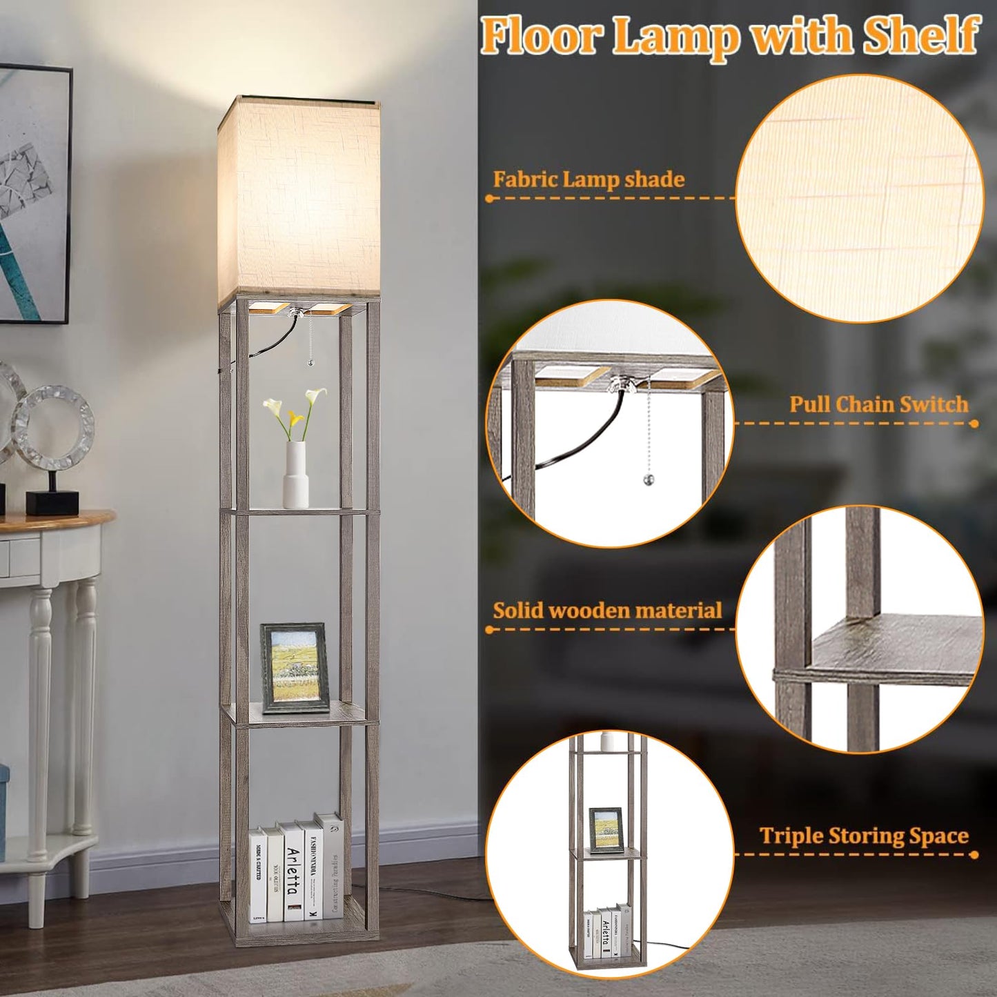 Floor Lamp with Shelves，Wood Corner Floor Lamps for living room tables with 3 CCT LED Bulb,Modern Display Bookshelf Nightstand Lamps,Column Standing Lamp for Bedroom Office Home Decor-Rustic Wood