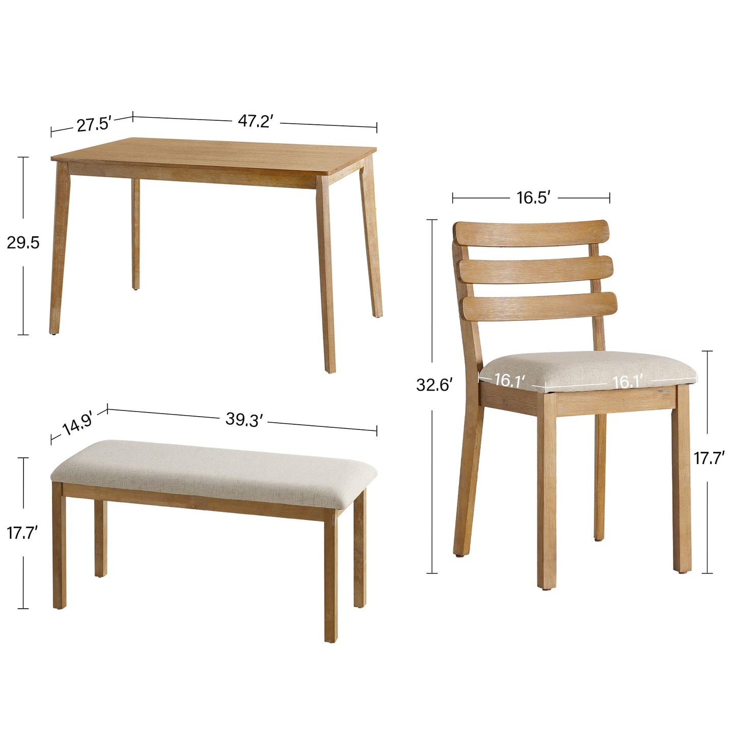 SIMTONAL 4-Piece Farmhouse Dining Set, Wooden Table with 2 Chairs, Bench Seat, Mid-Century Modern Wooden Table & Upholstered Chair Set for Home, Kitchen, Dining Room, Solidwood Legs