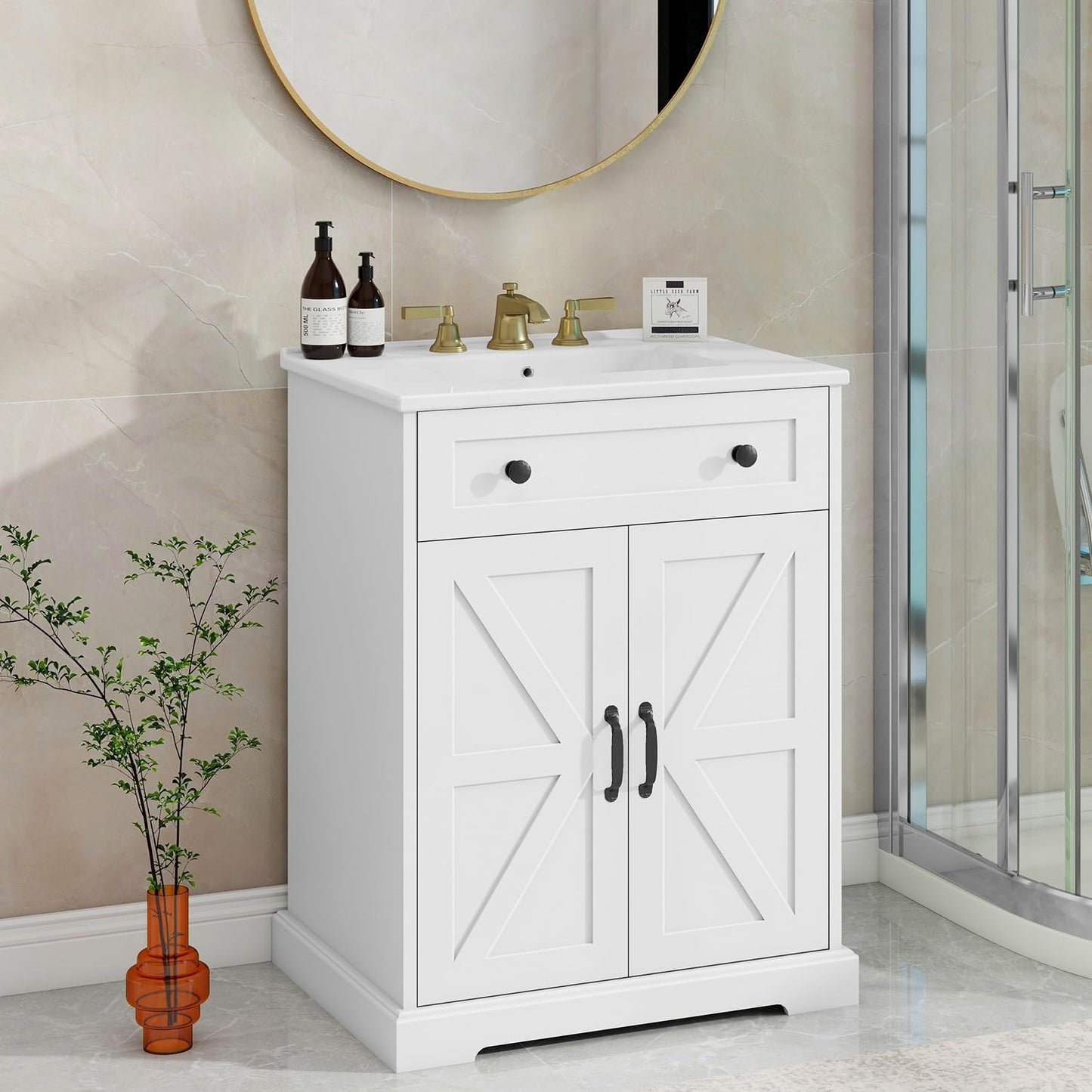 Vabches Bathroom Vanity with Sink Set, Modern Bathroom Cabinet with Flip Drawer and Doors, Freestanding Storage Cabinet with Shelf, Vintage Vanity with Ceramic Sink, White