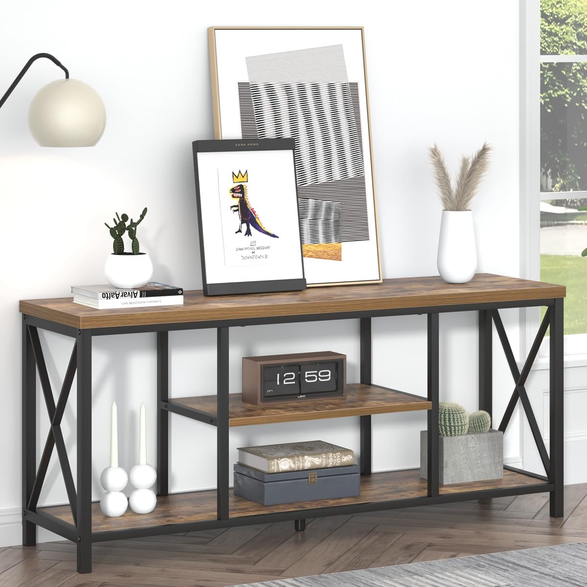 EXCEFUR 55 Inch TV Stand for Televisions up to 65 Inch, Modern Entertainment Center with Storage Shelves, Industrial Media TV Console for Living Room, Bedroom, Rustic Brown