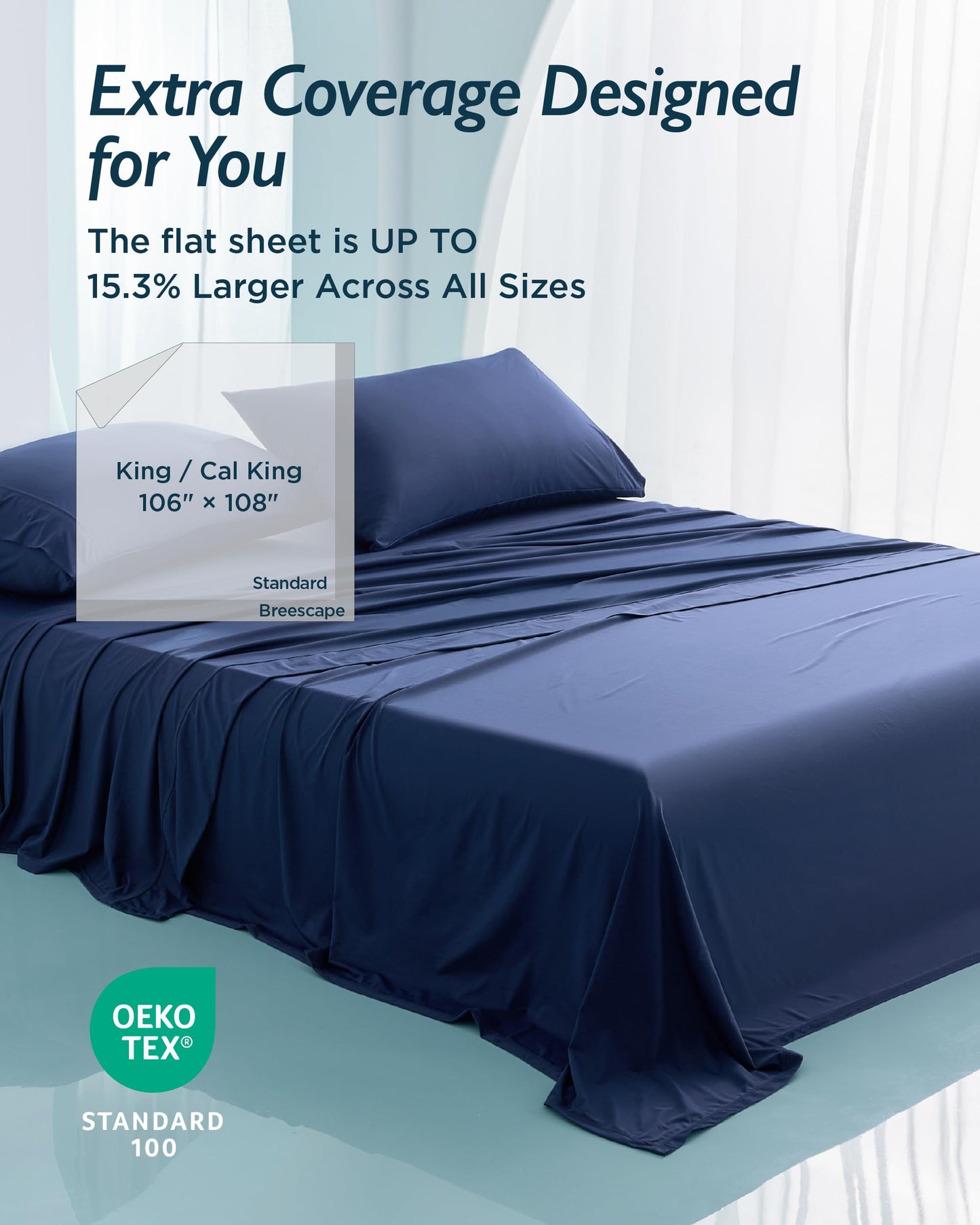 Breescape Cooling Sheet Set King Size - BlendTek™ Dry & Cool Technology for Hot Sleepers and Night Sweats, Q-Max>0.46 Tech, Deep Pocket Up to 18", 360° Elastic Band, Twilight Blue