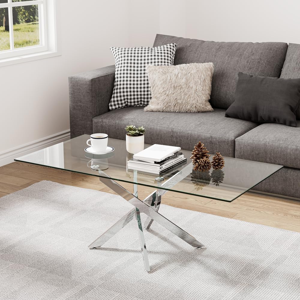 NIERN Tempered Glass Coffee Table with Chromed Legs, Rectangle Modern Living Room Table for Home Office Living Room (Sliver, 40” x 20” x 17”)