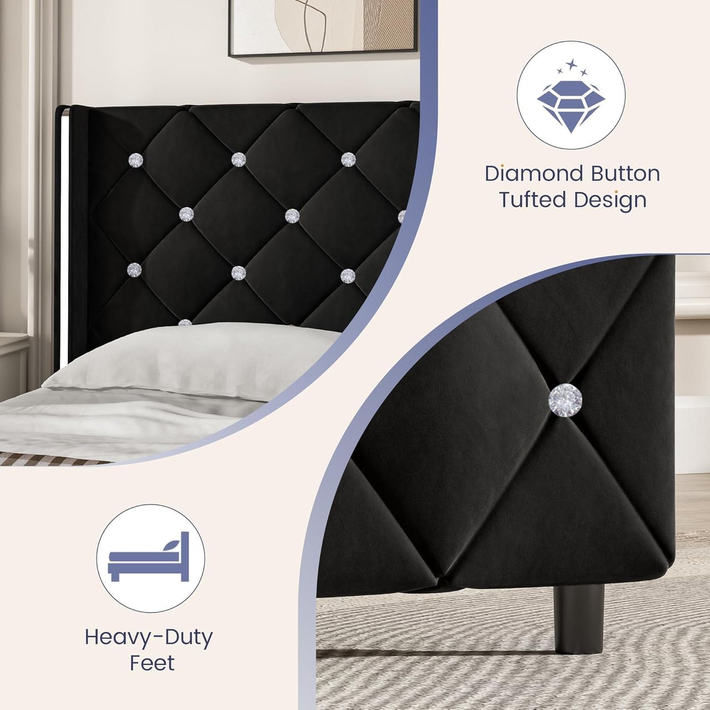 Twin Bed Frames, Upholstered Platform Bed Twin Size with Diamond Tufted Headboard, Modern Velvet Bed Frame with Wingback Design, No Box Spring Needed, Easy Assembly, Black