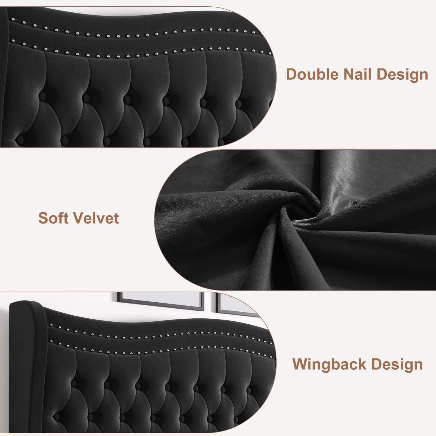 VINTLJUS Queen Bed Frame with Tall Headboard & Footboard, Velvet Upholstered Platform Bed Frame with Deep Button Tufted Wingback, No Box Spring Needed, Noise Free, Black