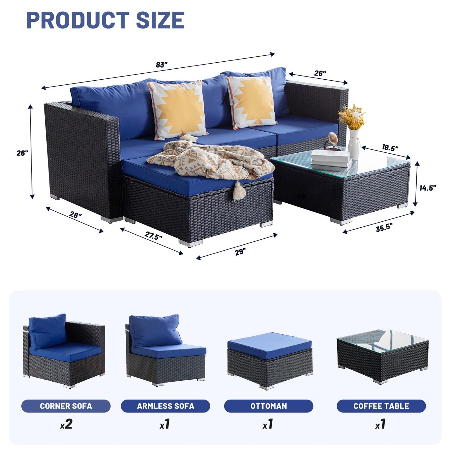 PAOLFOX 5 Piece Patio Furniture Sets,Patio Conversation Sets,Rattan Outdoor Furniture,Rattan Patio Chairs and Table,Black/Blue