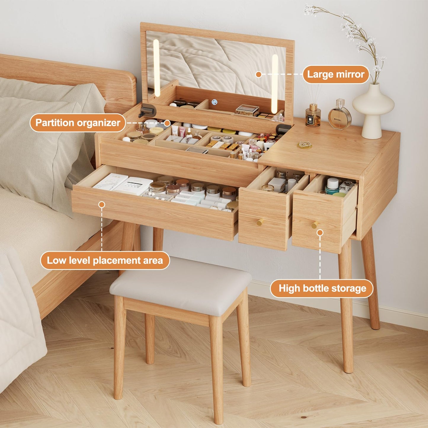 Solid Wood Vanity Desk With Flip Top Mirror And Lights, Mild Century Dressing Table Wooden 4 Drawers Storage, 40 Inch Large Make Up Vanity With 3 Lighting Modes Original, Wood Color (With Adapter)