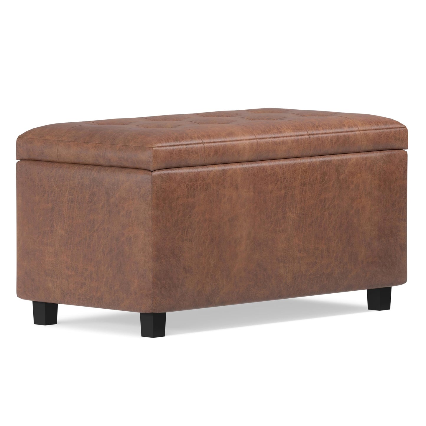 SIMPLIHOME Cosmopolitan 34 inch Wide Transitional Rectangle Storage Ottoman in Distressed Saddle Brown Vegan Faux Leather, Assembled, For the Living Room, Entryway and Family Room