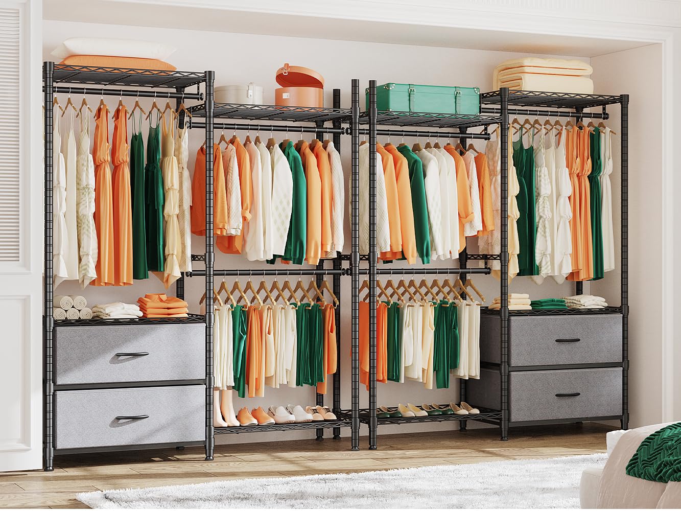 REIBII Heavy Duty Clothes Rack, Adjustable Clothing Racks for Hanging Clothes, Portable Closet with 2 Drawers 3 Hanging Rods Load 650lbs, Black, 15.9" D x 46.5" W x 70.9" H