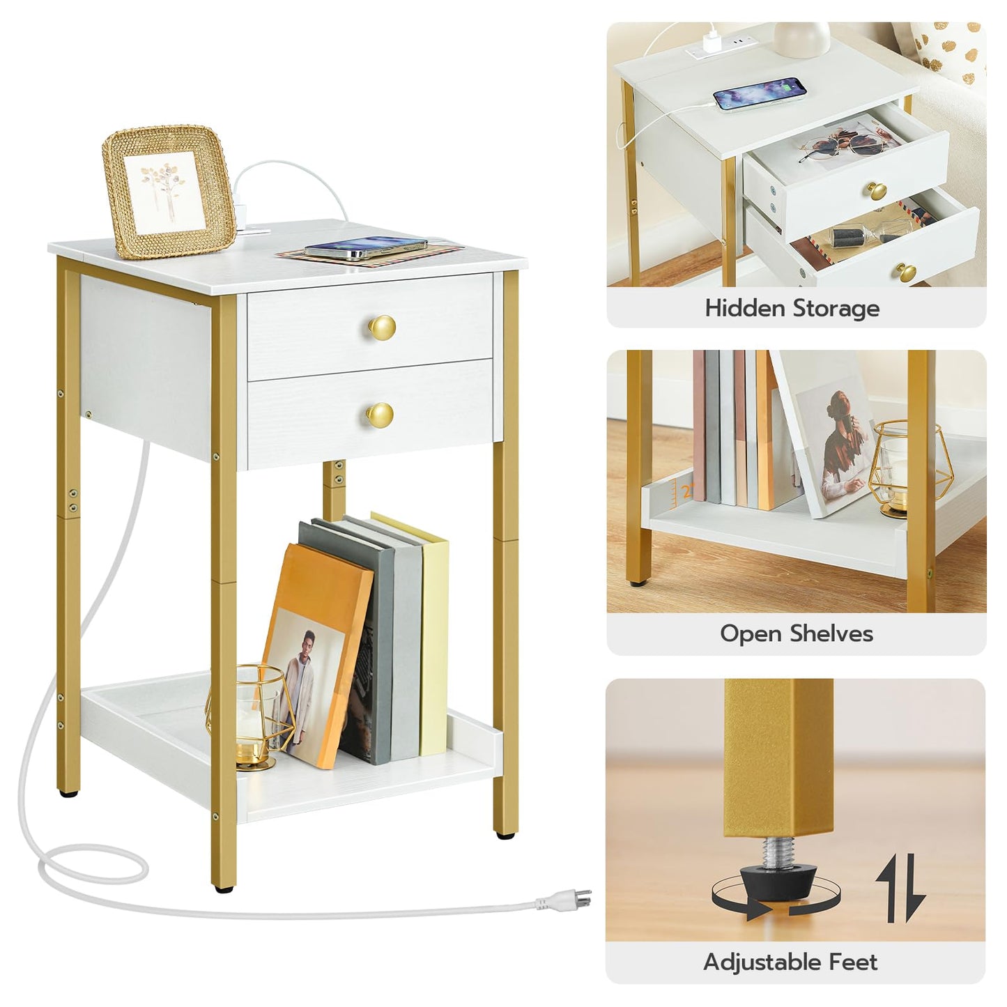 HOOBRO End Table with Charging Station, Tall Nightstand with Storage Drawer, Small Side Table with Gold Frame, 26.2 Inch Telephone Entryway Table for Bedroom, Hallway White and Gold DW72UBZ01
