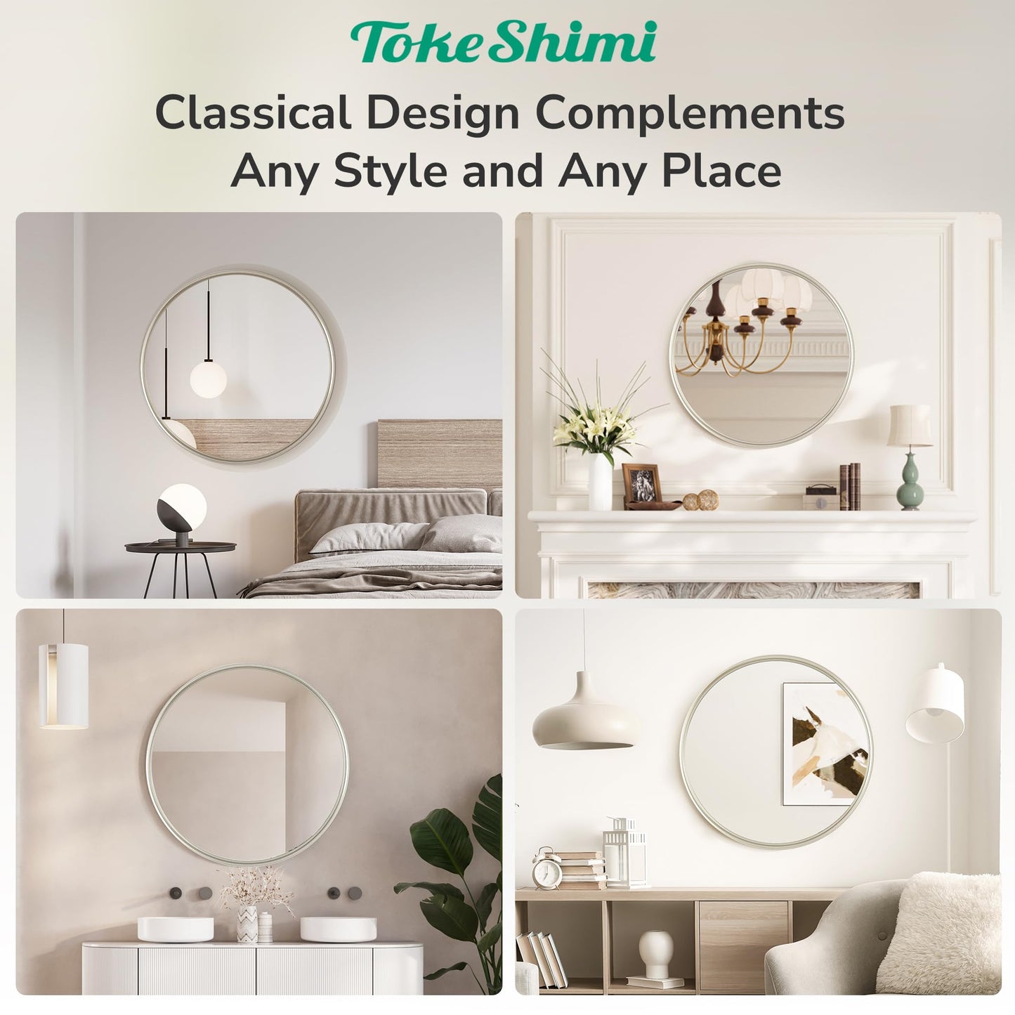 TokeShimi 16 in Round Bathroom Vanity Mirror Framed Brushed Nickel Bathroom Mirror for Wall Farmhouse, 16x16 Shatterproof Circle Bathroom Mirrored for Living Room, Bedroom, Entryway, Restroom