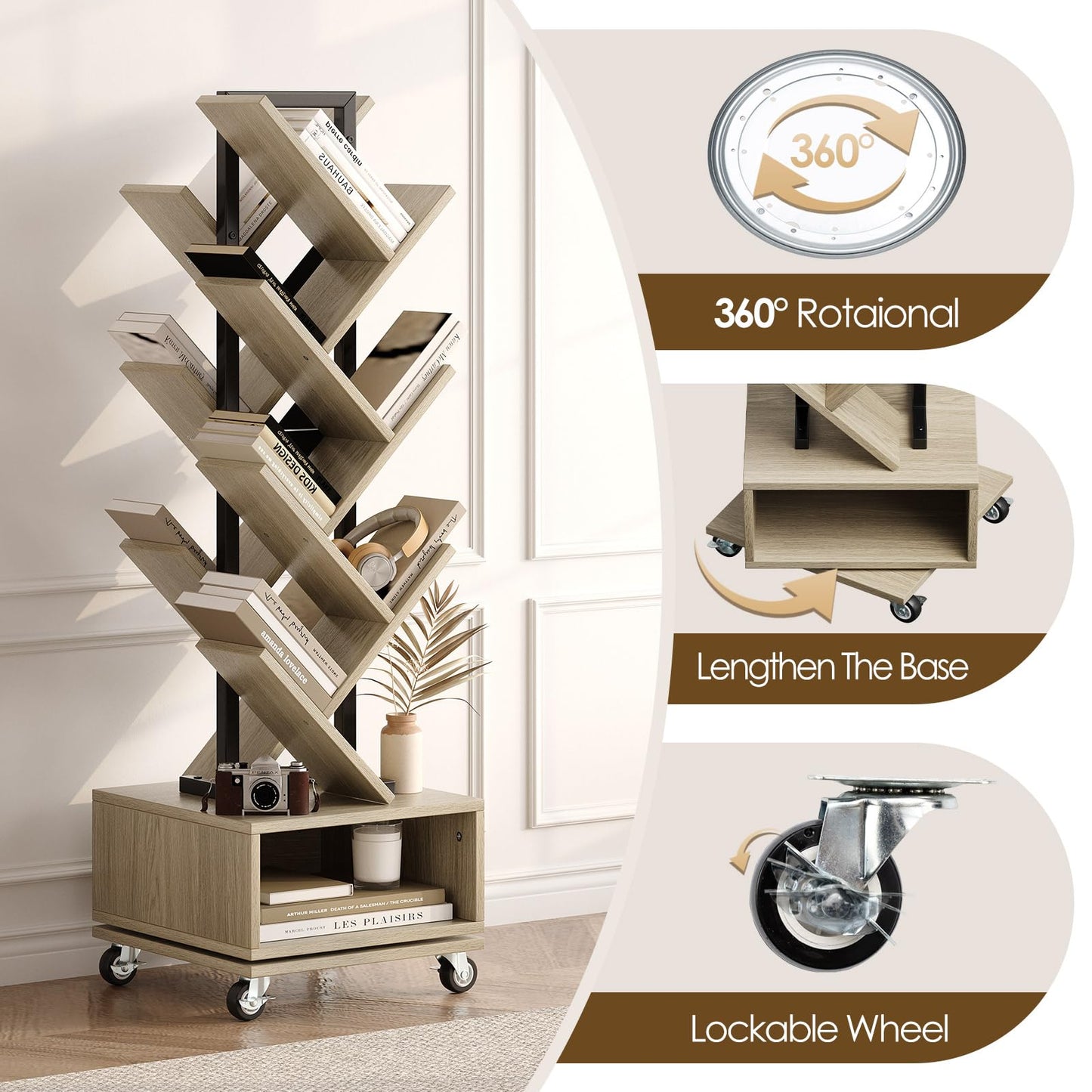 iabifo Double Sided Rotating Tree Bookshelf - 7-Tier Retro Floor Standing Bookcase, Wood Storage for Books, CDs, Movies, Perfect for Small Spaces in Bedroom, Living Room, Home Office, Grey
