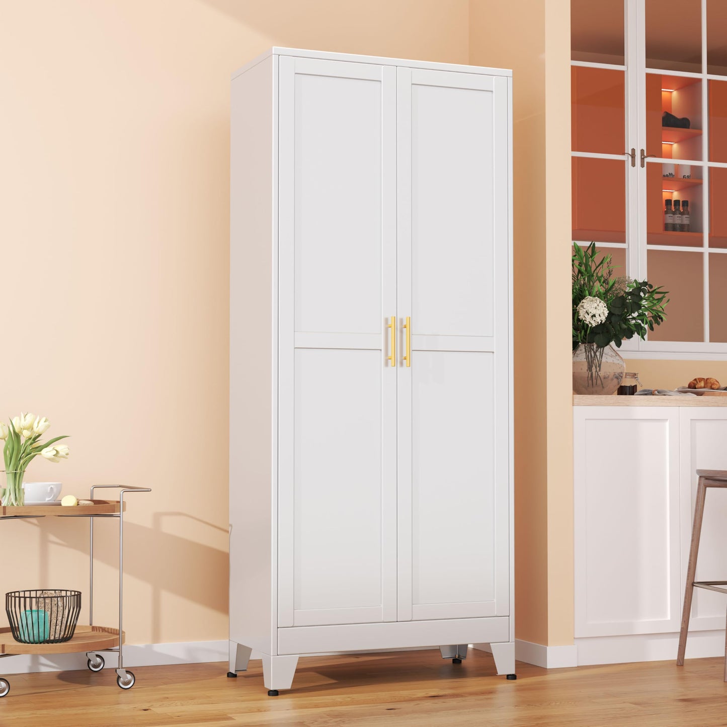 pozdeg 75” Tall Pantry Cabinet, Metal Kitchen Storage Cabinet with 2 Doors and 5 Adjustable Shelves, White Storage Cabinet Cupboard for Kitchen, Dining Room, Living Room and Bathroom (White)