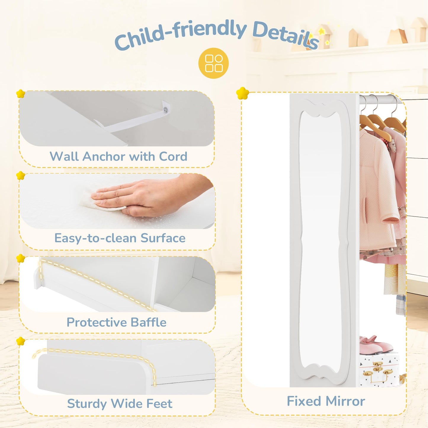 Curipeer Kids Dress Up Storage with Flower Mirror, Open Hanging Closet Wardrobe for Children, Kids Armoire & Costume Organizer for Bedroom Playroom Preschools Classroom, White