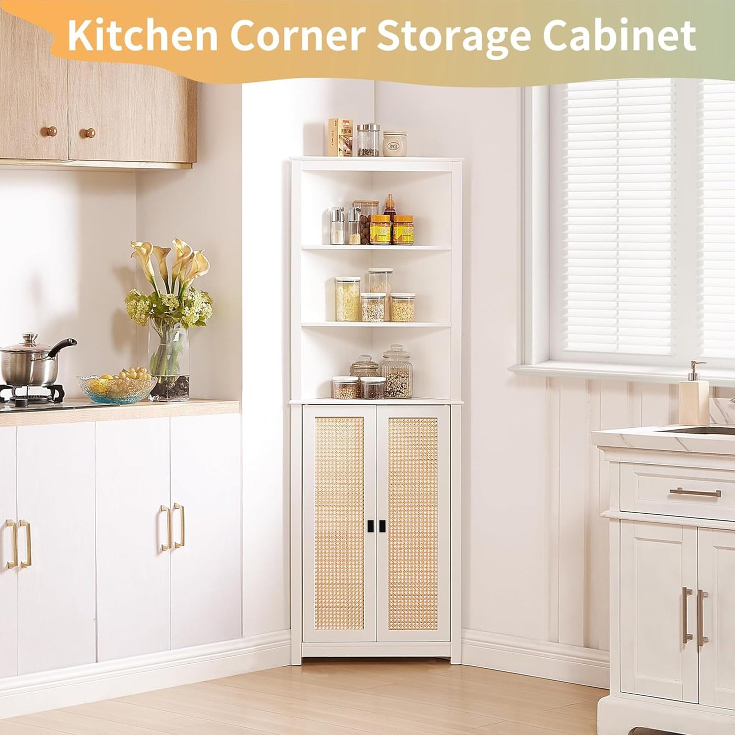 Amenitlif Corner Storage Cabinet with Adjustable Shelves - 63.78" Tall Freestanding Bathroom & Kitchen Organizer, Space-Saving Cabinet for Pantry, Laundry Room - Rustic White Finish, Easy Assembly