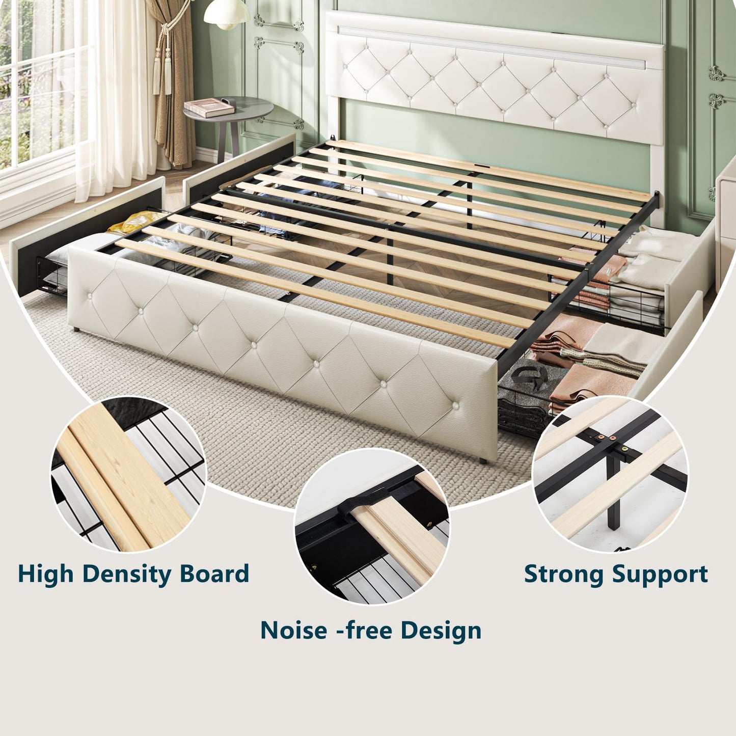 Forrise Bed Frame Queen Size with Storage Drawers and LED Light, 2 Sockets and 2 USB Ports, Adjustable Headboard with PU Leather Upholstered, No Box Spring Needed, Wooden Slats Support, White.
