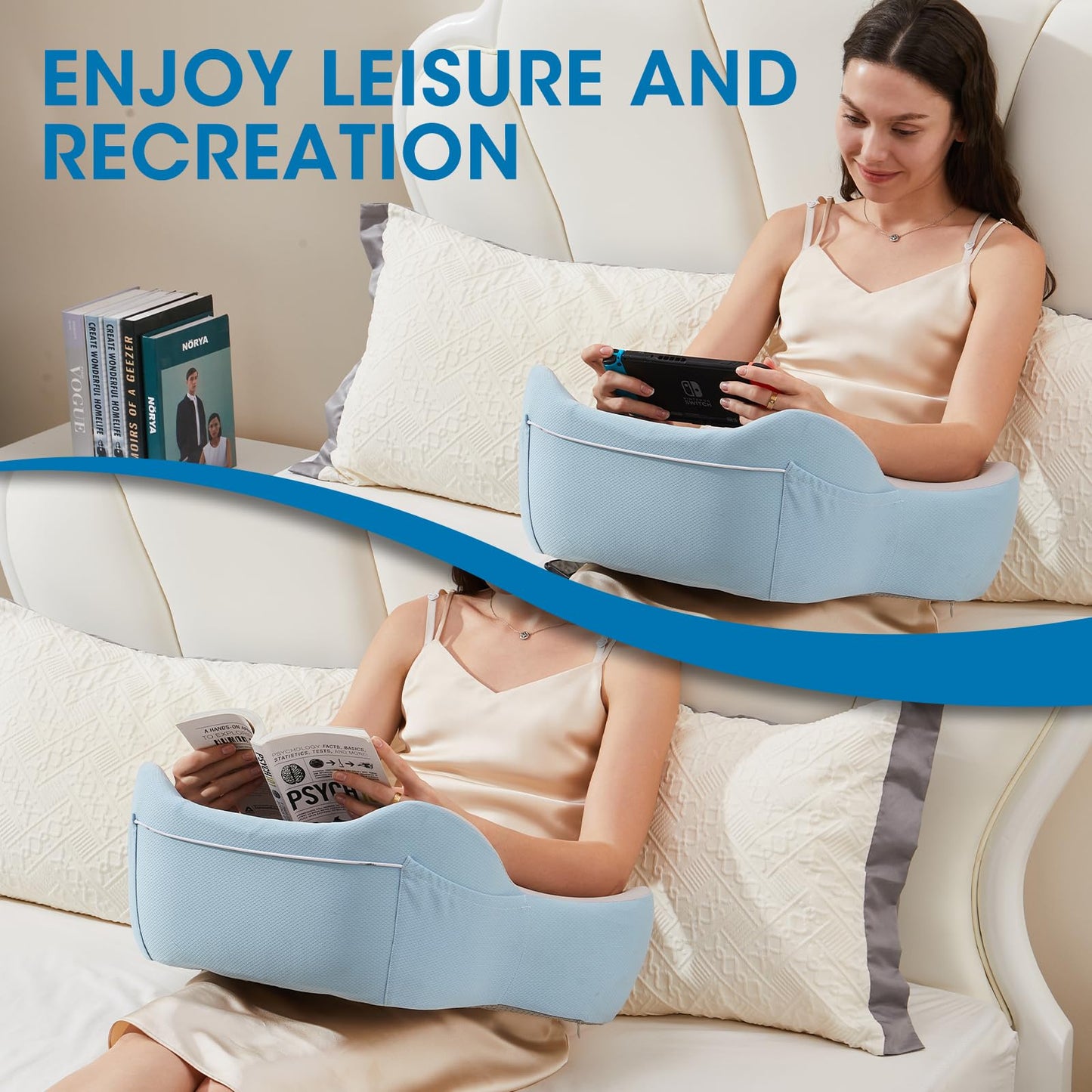 comehealthy Reading Pillow, Lap Desk, Laptop Lap Desk, Laptop Stand for Bed, Arm Rest Pillow, Memory Foam Gaming Pillow for Reading, Working, Gaming in Bed Couch Floor (Blue-Grey)