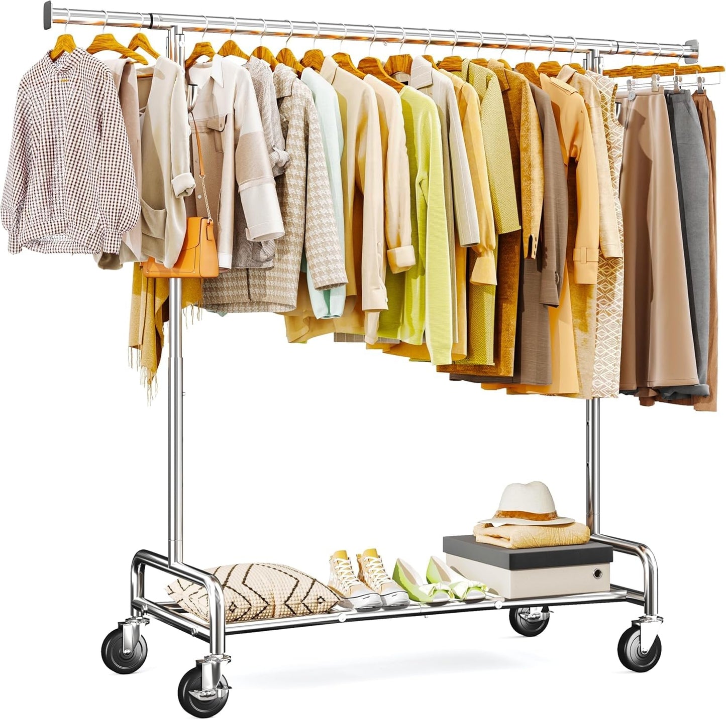 Raybee Clothes Rack Holds 300 Items of Clothing, Clothing Racks for Hanging Clothes, Rolling Garment Rack with Sturdy Wheels & Shelf, Portable & Adjustable, Chrome