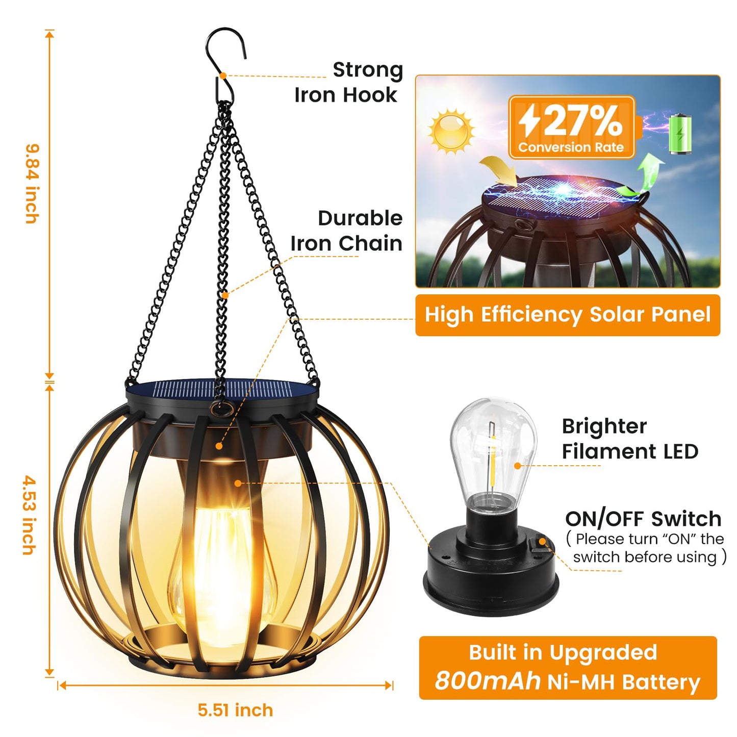 AOUNQ Solar Lanterns Outdoor Waterproof 4 Pack, Upgraded Metal Hanging Solar Lights for Outside with Auto On/Off & Hook - Brighter Hanging Outdoor Lanterns Decorative Lighting for Garden Patio Yard