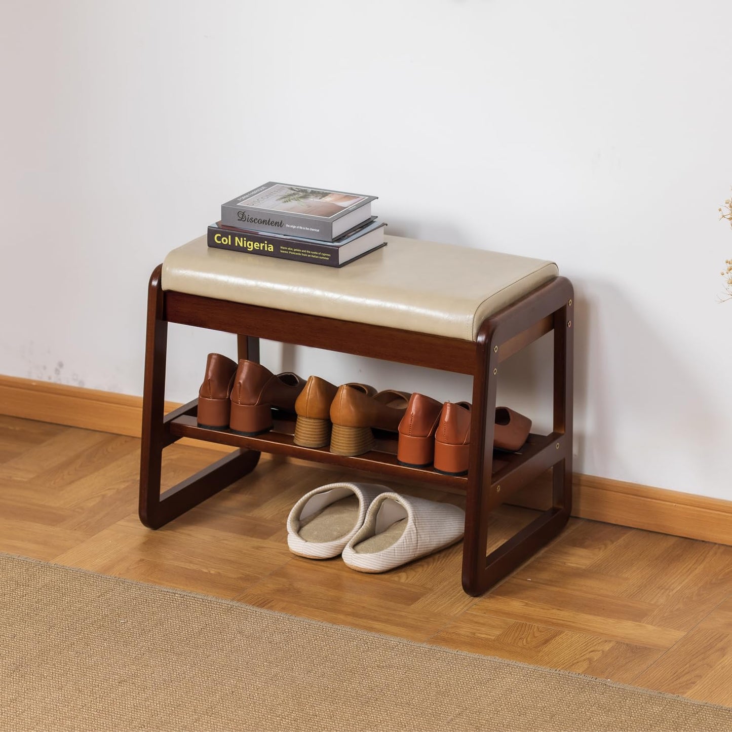 SOBIBO Solid Wood Shoe Bench, 2-Tier Entryway Bench with Cushion and Flip-Open Storage Box, Mid-Century Modern Shoe Bench Rack for Hallway, Mudroom(Gray, 21.65'')