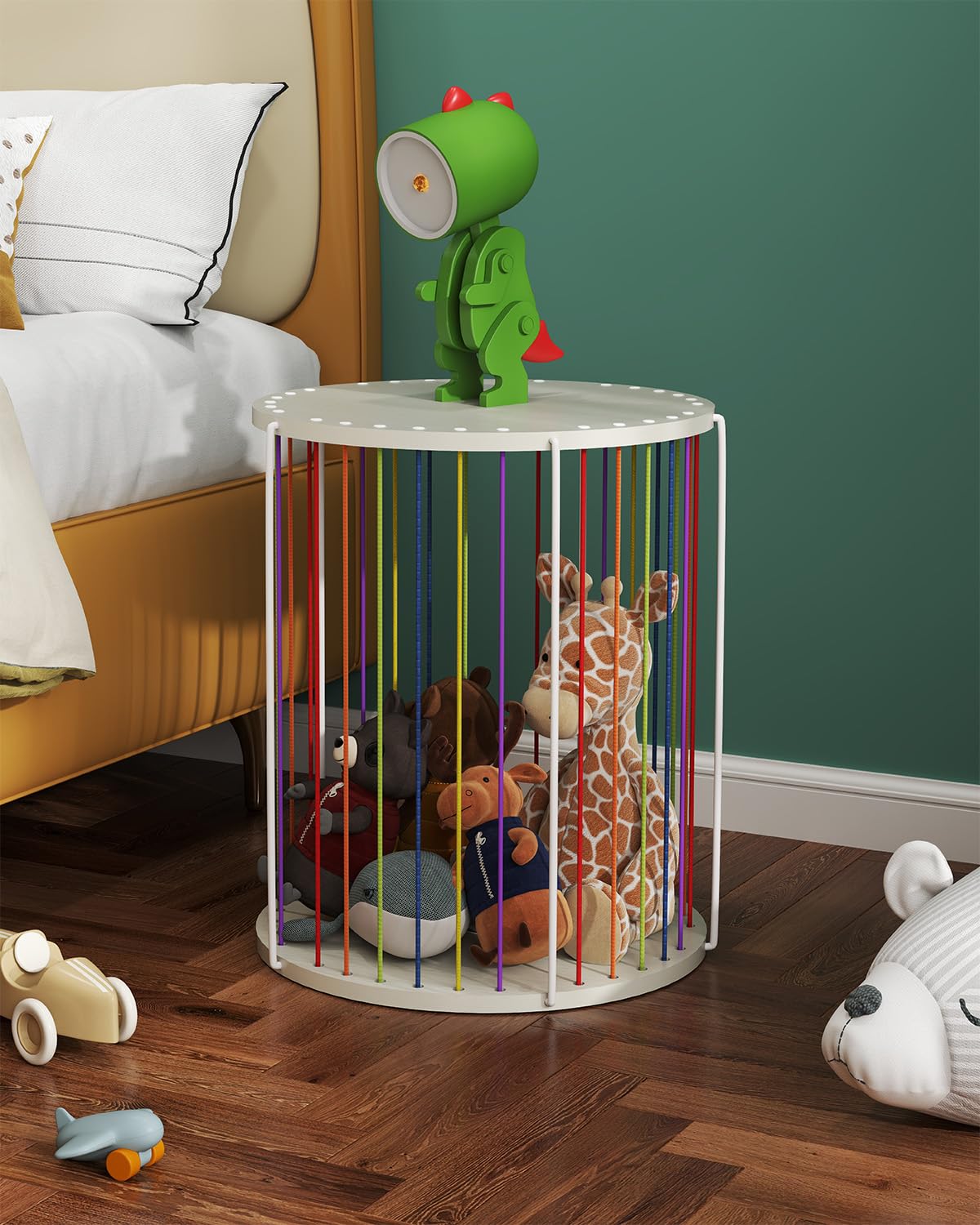 KJGKK Round Side Table, Circle End Table with Elastic Rope and Wire Frame, Modern Nightstand, for Living Room, Bedroom, Color & White