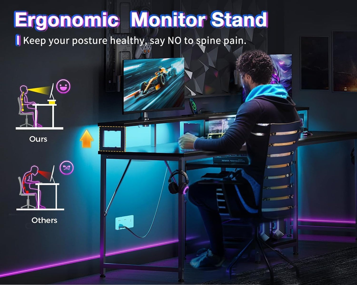 Casaottima 98 Inch 2 Person Gaming Desk with Storage Shelves, Long Double Home Office Computer Writing Desks with USB Charging Port & LED Lights, Monitor Stand, Modern Study/Work Table,Black