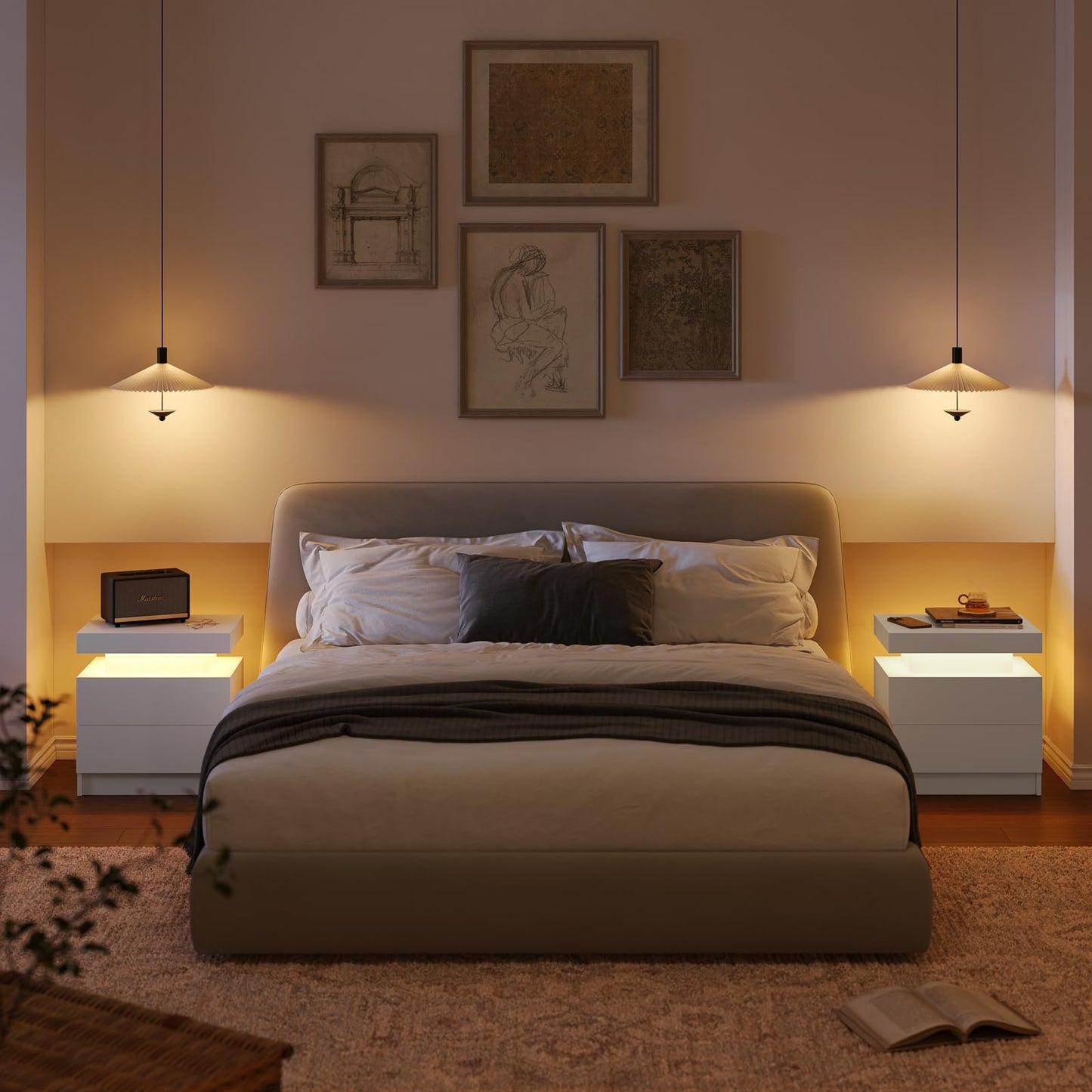 Cubehom Bedroom Night Stands White Nightstand Set of 2 LED Night Stand for Bedroom White Modern LED Bedside Table with 2 Drawers End Side Table
