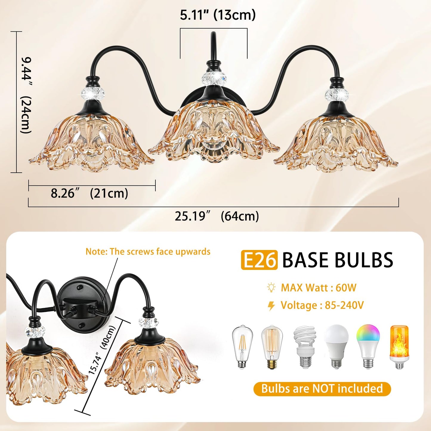 sunkryster Black Bathroom Vanity Light,3-Light Vanity Light with Floral Amber Glass Shades,Vintage Farmhouse Wall Mount Lighting for Bathroom, Dressing Table
