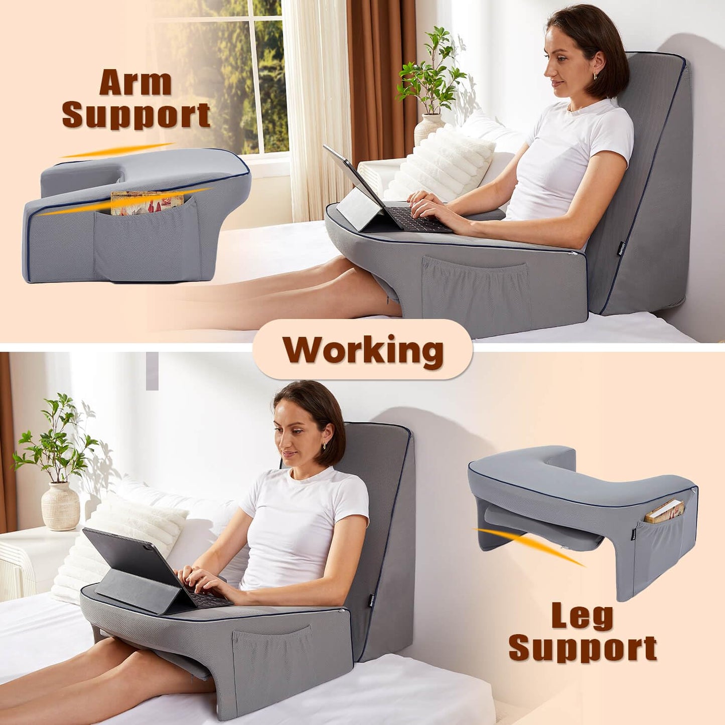 cooloo8 Soft Arm Rest Pillow, Lap Desk Pillow for Bed, Reading Lap Pillow, Memory Foam Reading Pillow for Reading, Working in Bed Couch(Grey)