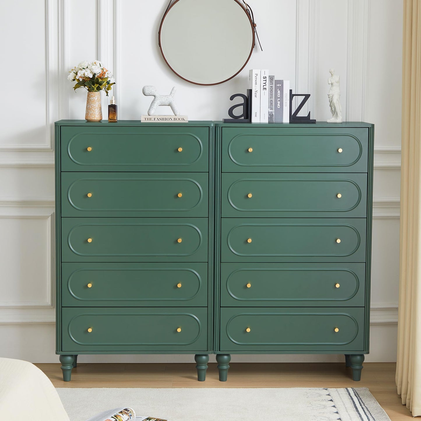 ORRD 5 Drawer Fluted Dresser for Bedroom, Mid Century Modern Chest of Drawers, Wood Storage Large Dresser Organizer for Bedroom Living Room Hallway Closet, Green