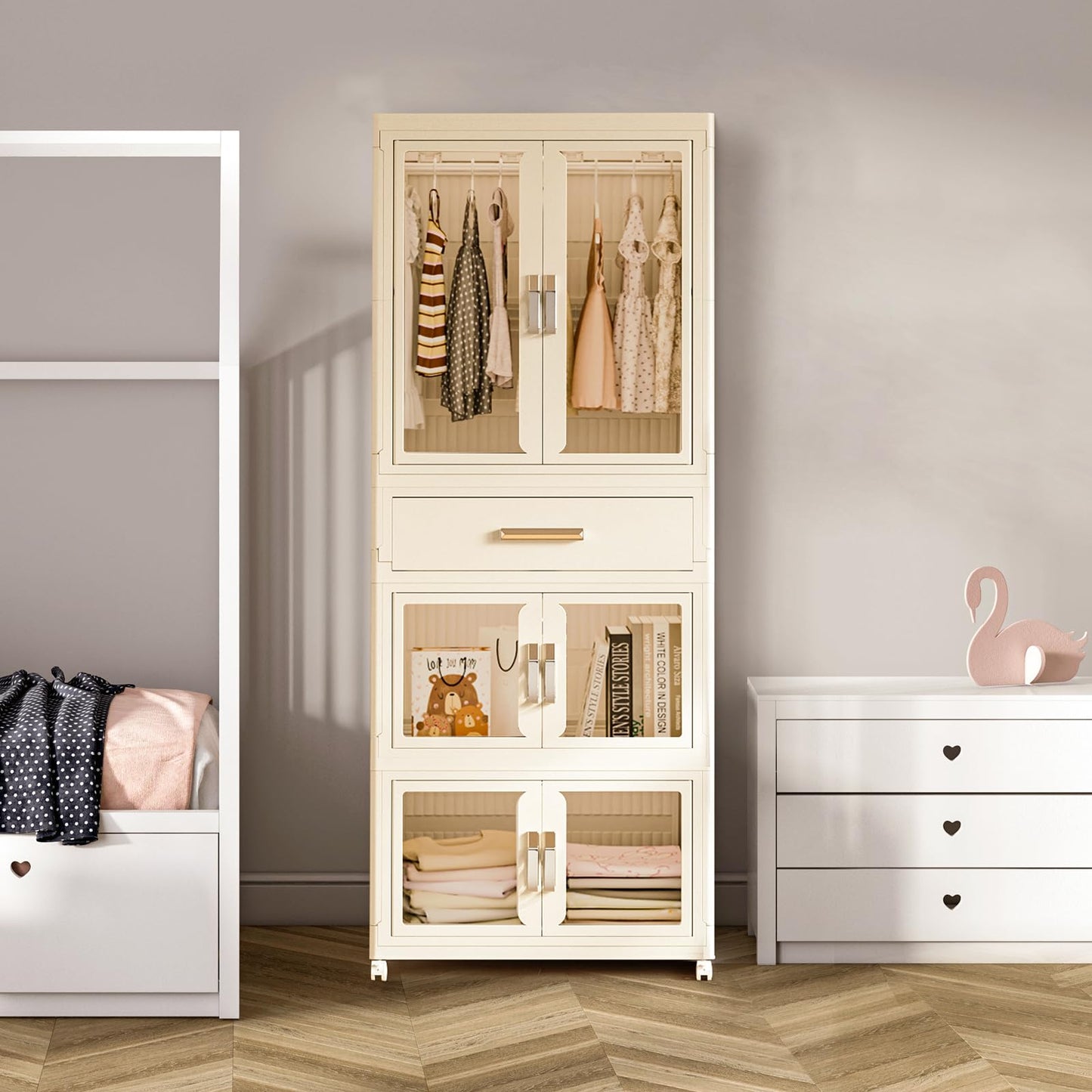 MU TU HD Large Portable Kids Closet Children's Armoire Adults Clothes Wardrobe Closet with Drawers and Doors, Collapsible Baby Costume Storage Organizer Kids Dress Up Storage Cabinet with Hanging